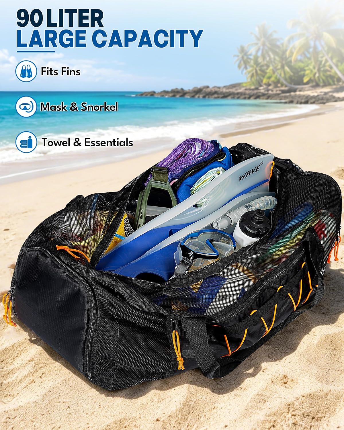 Fasrom 90L Mesh Dive Duffel Bag with Wet/Dry Compartment for Snorkel Gear | Oversized Scuba Diving Bag Holds Mask, Fins and Snorkeling Equipment, for Boat, Beach, Travel and Swimming, Black