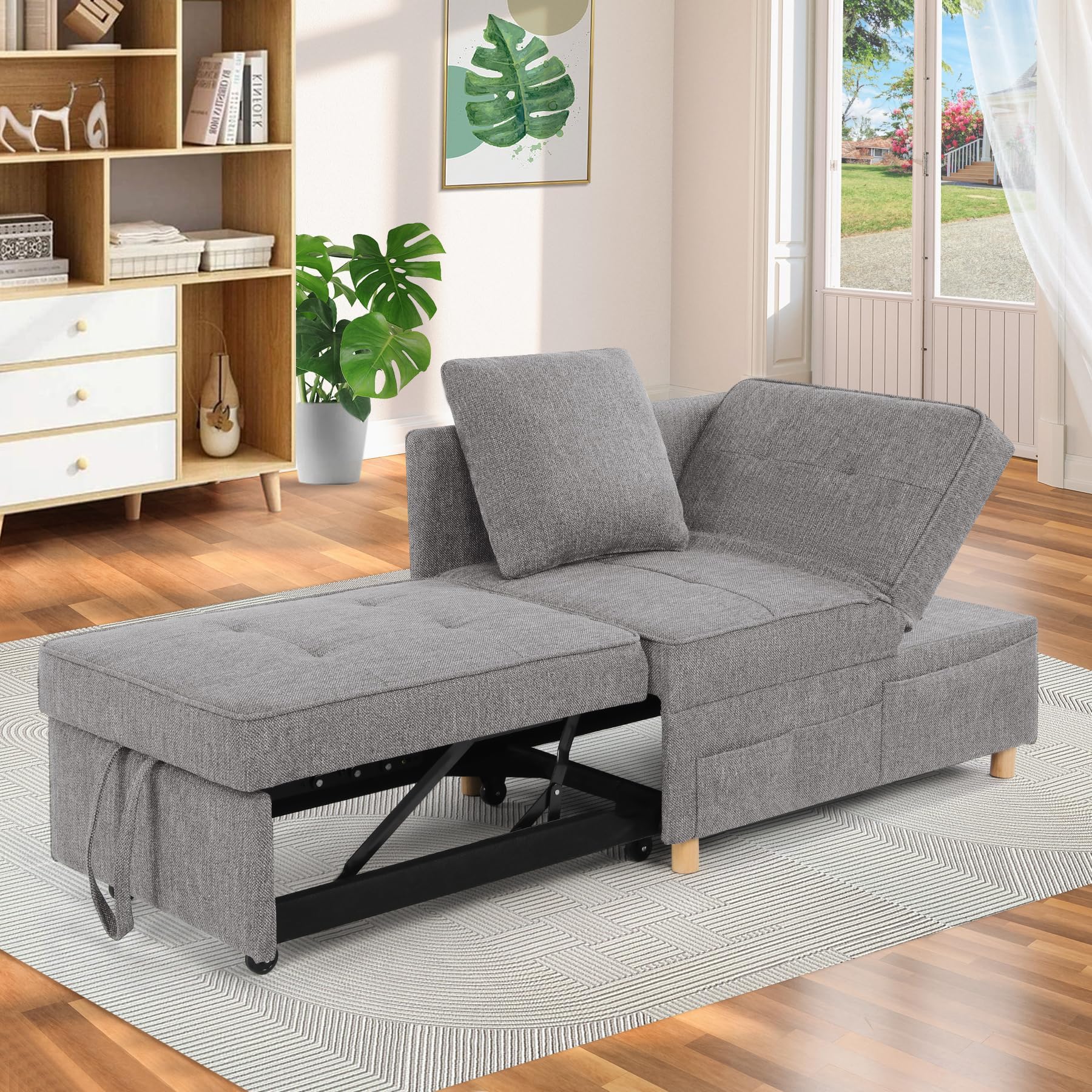ソファベッド、4イン1コンバーチブルスリーパーソファチェアベッド、3人掛け引き出し式ソファベッド、リネン生地のラブシートソファ、シングルリクライニングチェア、5つの調節可能な背もたれとアパートの小さなスペース用の枕2つ、グレー