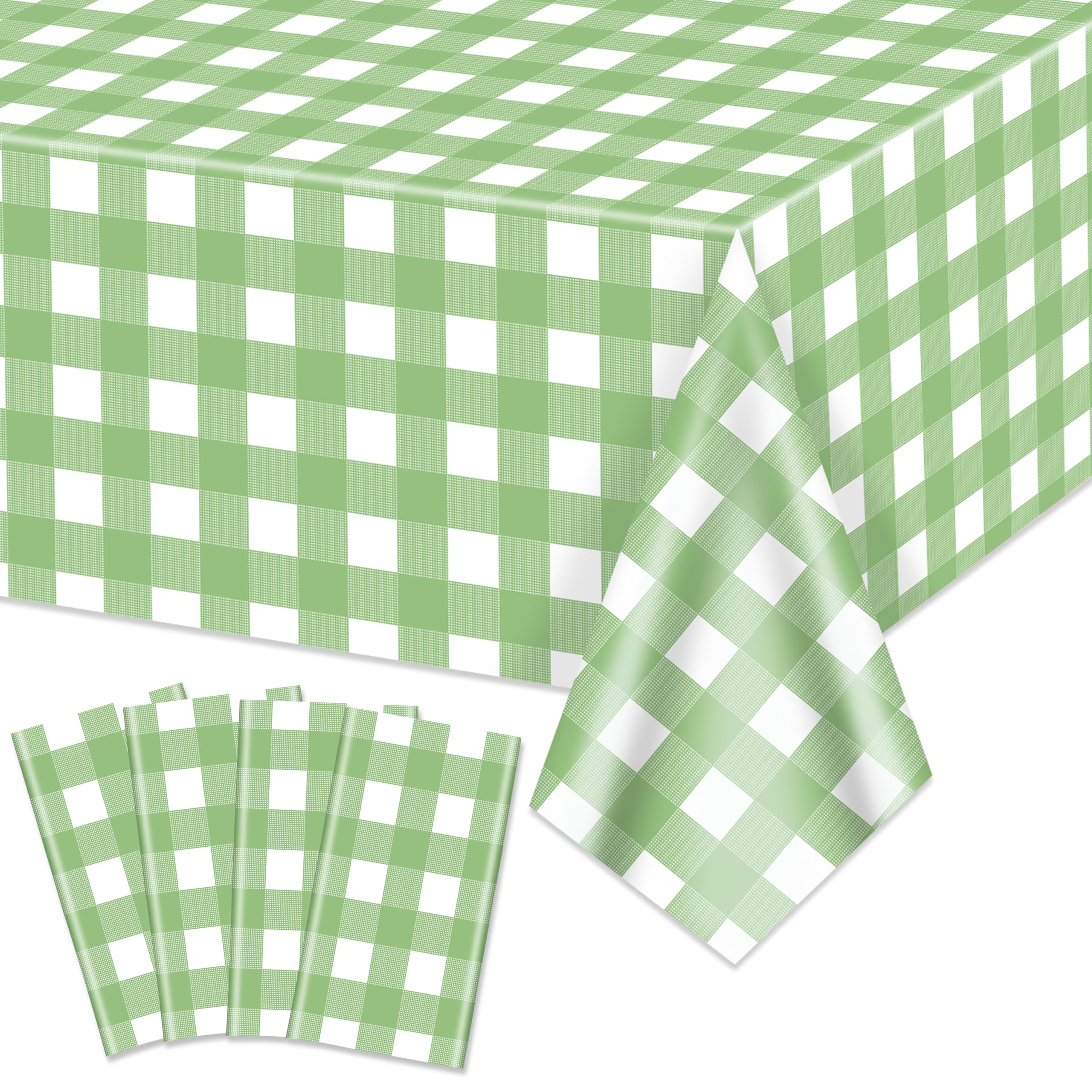 4 Pack Sage Green Gingham Tablecloths, Light Green and White Checkered Tablecloths 86.6 x 51.2 Inches Rectangular Waterproof Picnic Table Covers for Birthday Party Holiday Outdoor Supplies