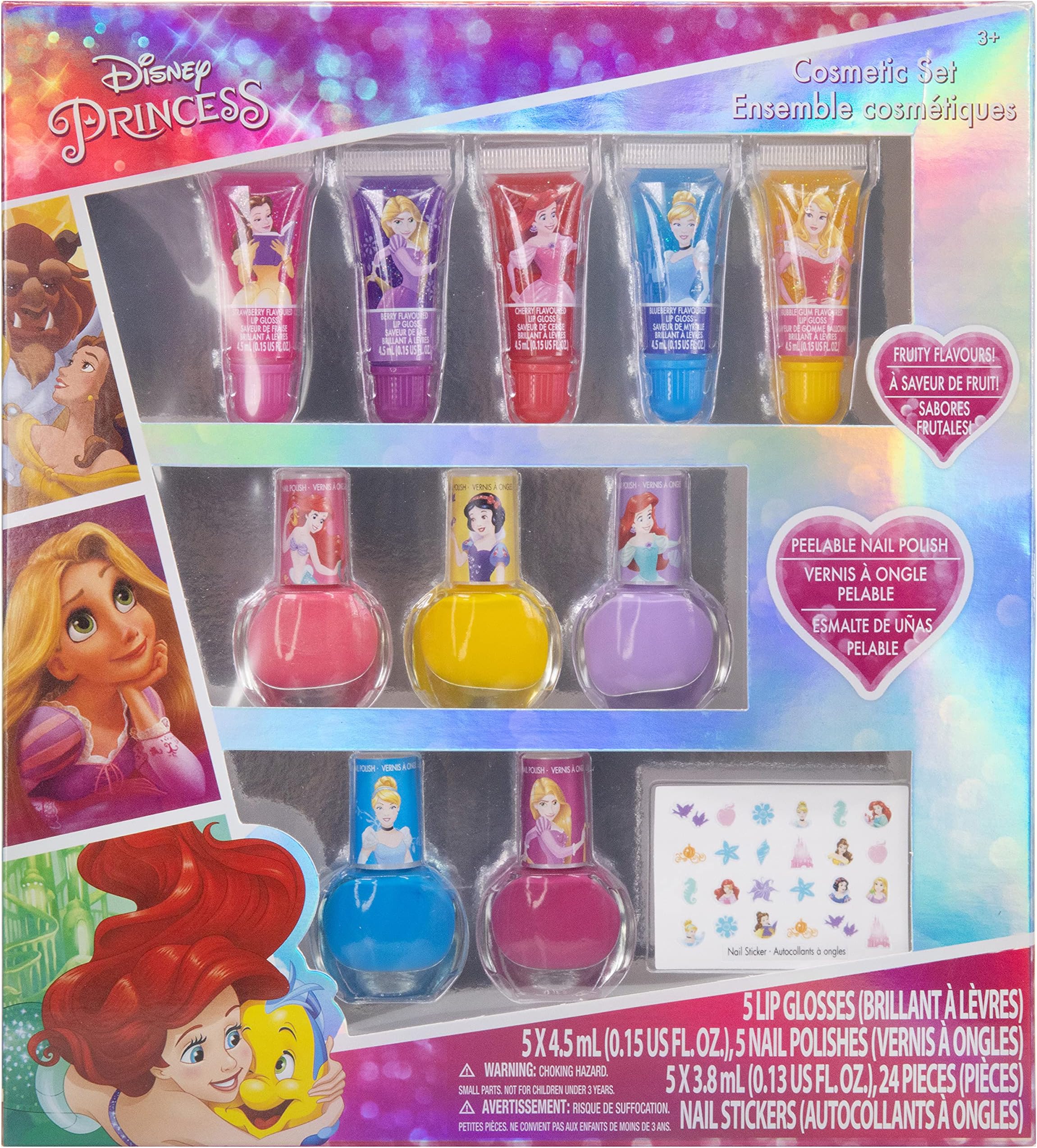 Disney Princess - Townley Girl Super Sparkly Cosmetic Makeup Set for Girls with Lip Gloss Nail Polish Nail Stickers - 11 Pcs|Perfect for Parties Sleepovers Makeovers| Birthday Gift for Girls 3 Yrs+