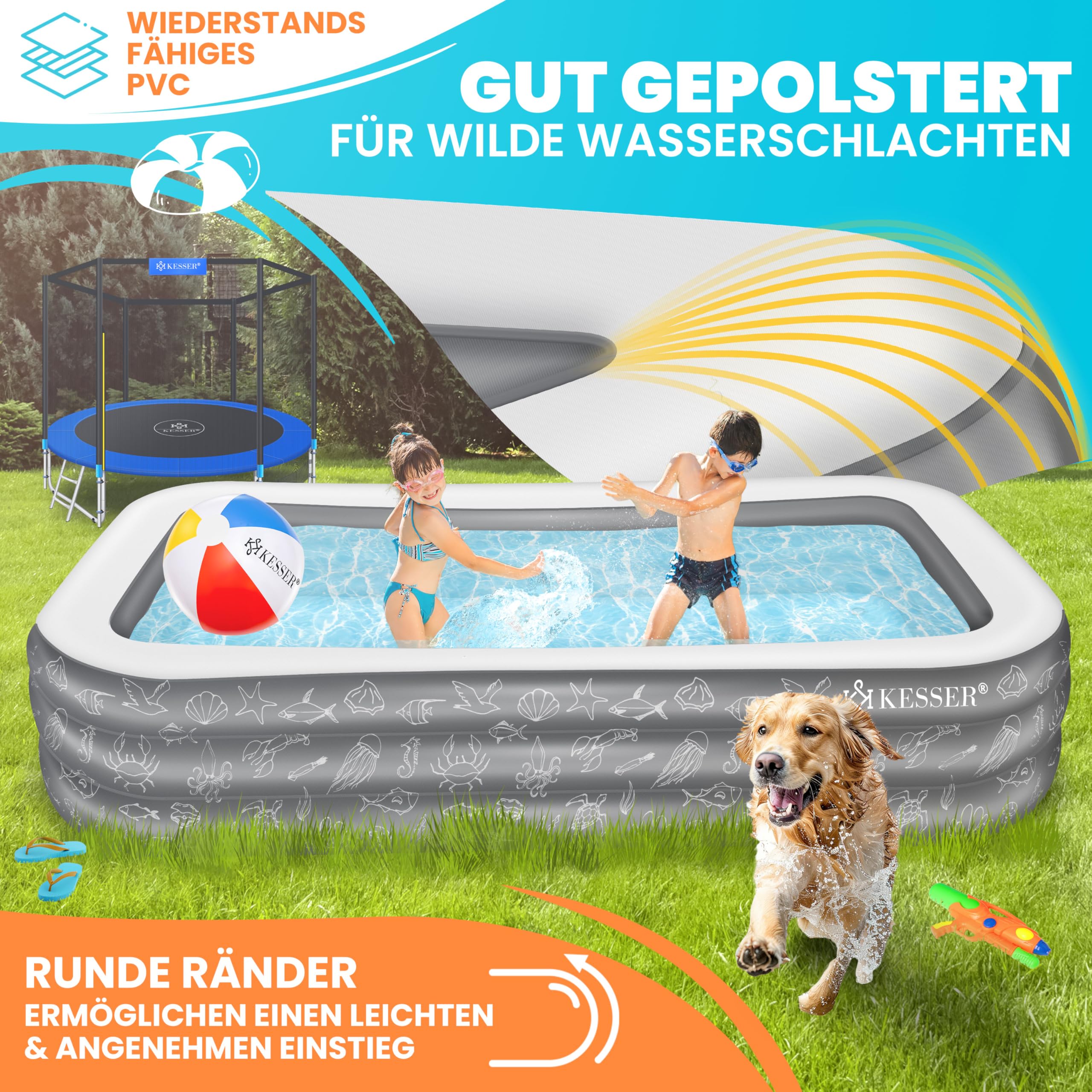 KESSER Aufblasbarer Pool Familienpool 240x142x56 cm 613 Liter Planschbecken inkl. Flickzeug & Ball