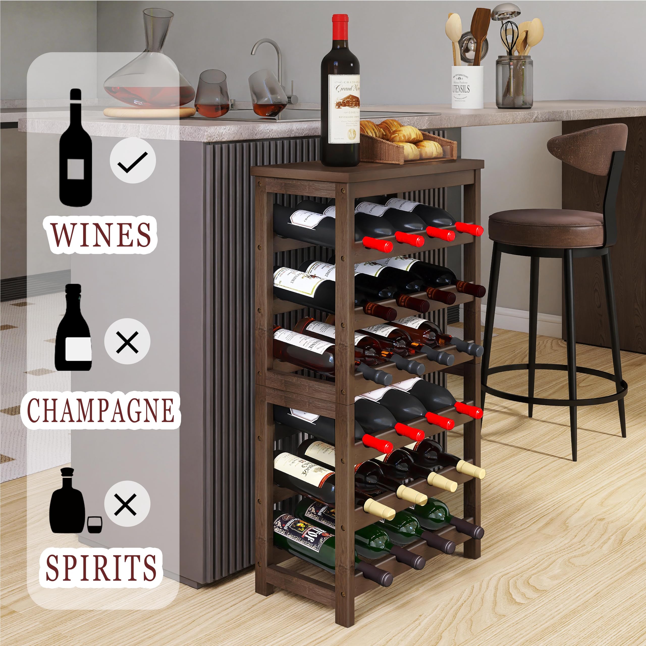 STELLSTAR Estantería para 24 Botellas de Vino, estantes de bambú de 6 Niveles con Tablero de Mesa, portabotellas de Vino de pie con estantes Que no se tambalean, Nogal