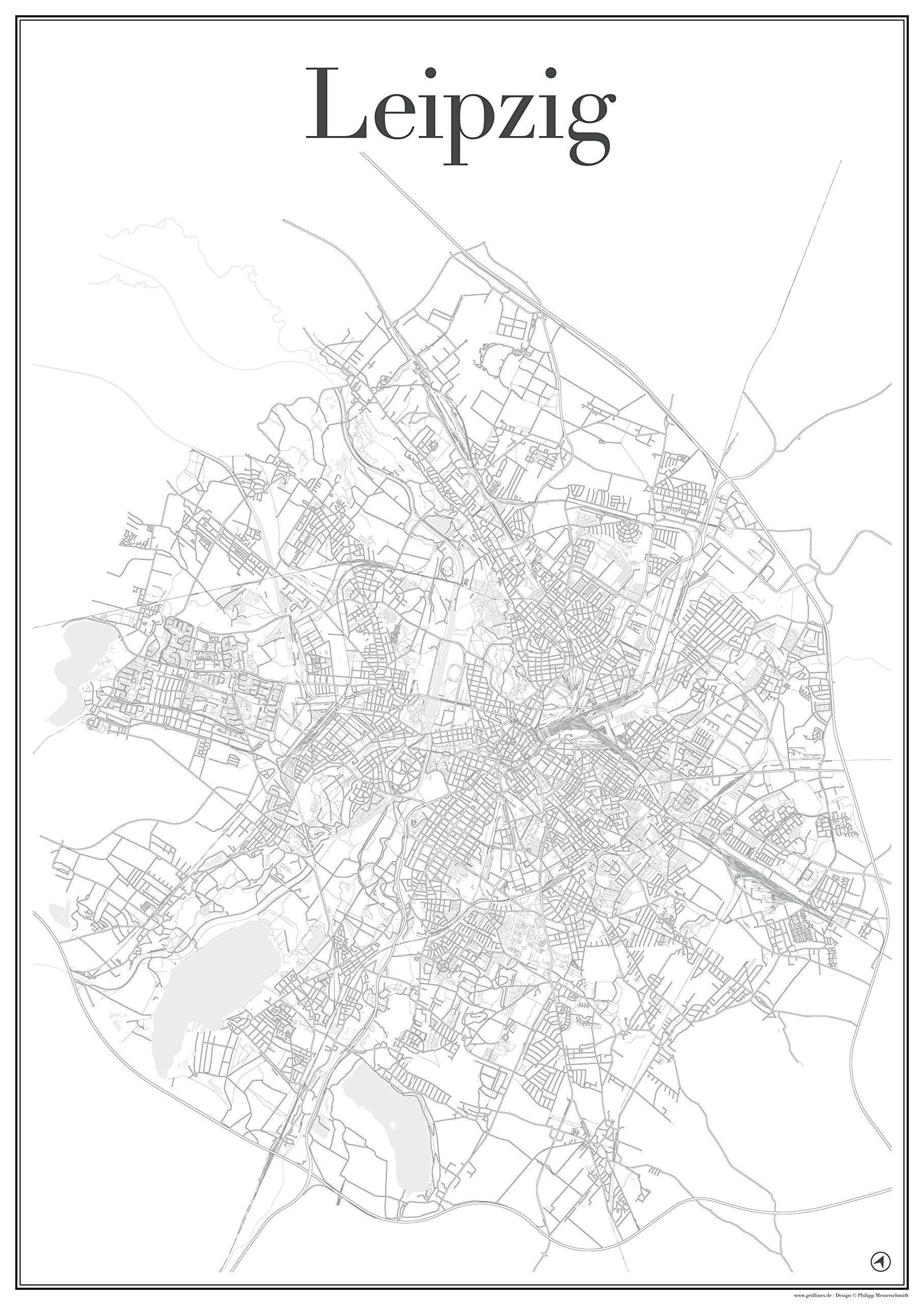 Affiche de Leipzig impression d'art premium 60 x 84 cm et réseau routier gridlines