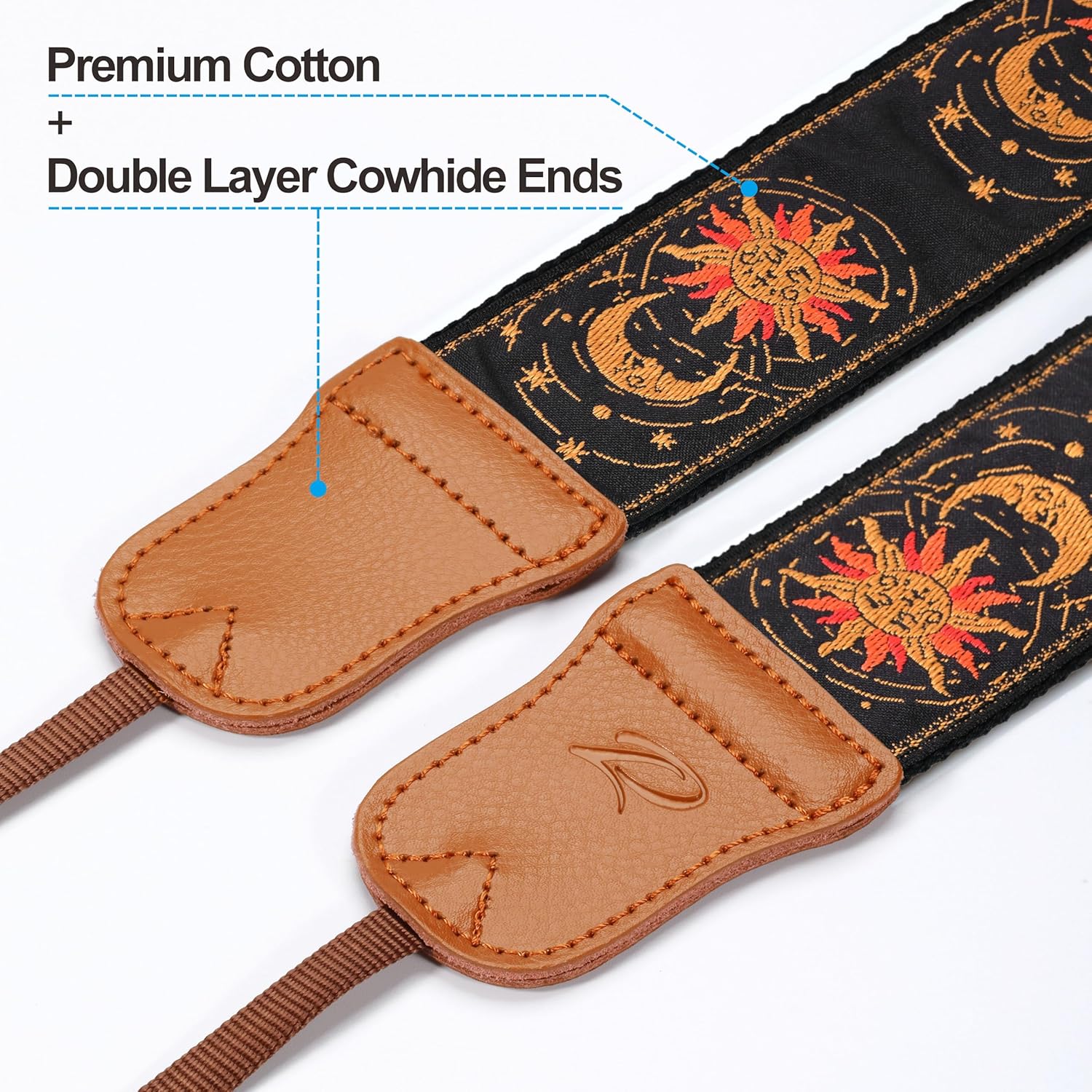 Padwa Lifestyle Helios Moon God Camera Strap -2" Double Layer Cowhide Ends Camera Straps for Photographers, Vintage Embroidered Cotton Weave Soft Padded Strap Adjustable fits All Cameras - Image 3