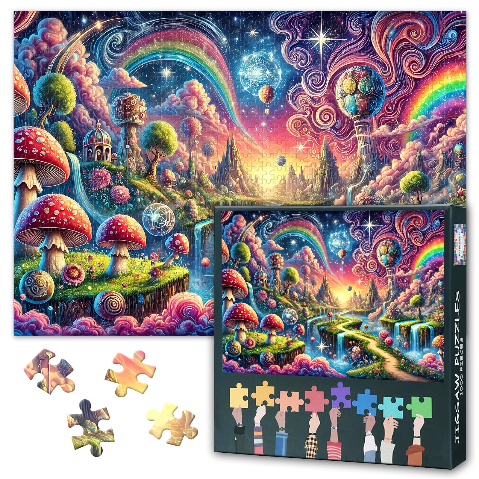Challenging Jigsaw Puzzle Fantasy Mushroom World 1000 Pieces Mushroom Puzzles for Adults Home Decoration Small Hill Waterfall Jigsaw Puzzles for Family Gathering Boredom Relief Game 27.5"X19.7"