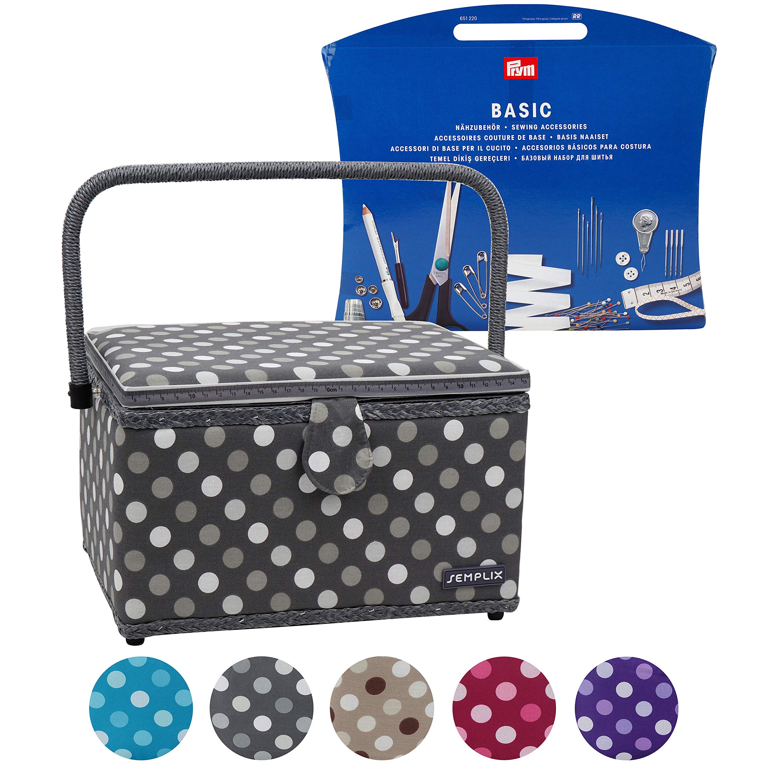 SEMPLIX Koszyk na przybory do szycia, rozmiar L, wypełniony (30 x 22 x 19 cm) – kompatybilny z zestawem akcesoriów do szycia Prym (wchodzi w zakres dostawy) – Polka Dots antracyt/szary