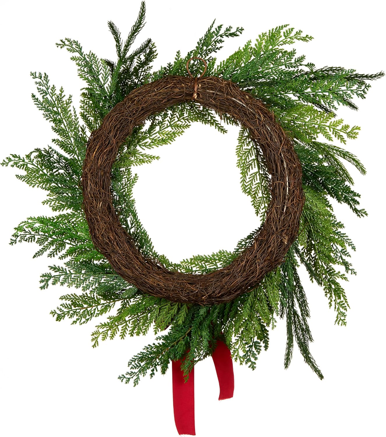 National Tree Company Artificial Christmas Wreath, Green, Chritsmas Cottage, Dark Red Velvet Bow, 24 inch