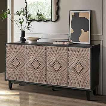 Vintage Console Table w Hand Carved Flower 60-inch Sofa Table with Storage Wood Sideboard with 2-Tier Shelves, Accent Table for Entryway Living Room Hallway Kitchen Storage Cabinets Brown Doors