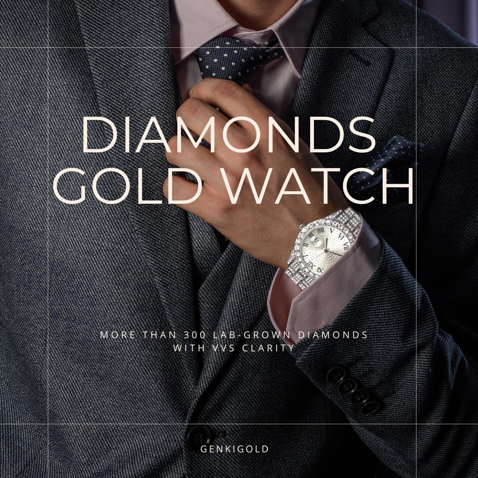 Reloj con Diamantes para Hombre – Esfera Redondo 43mm con Números Romanos – Chapado en Oro 18K/Platino Correa 22,5cm – Cuarzo Japonés – Joya de Lujo – Compatible con Cadena Cubana Opcional