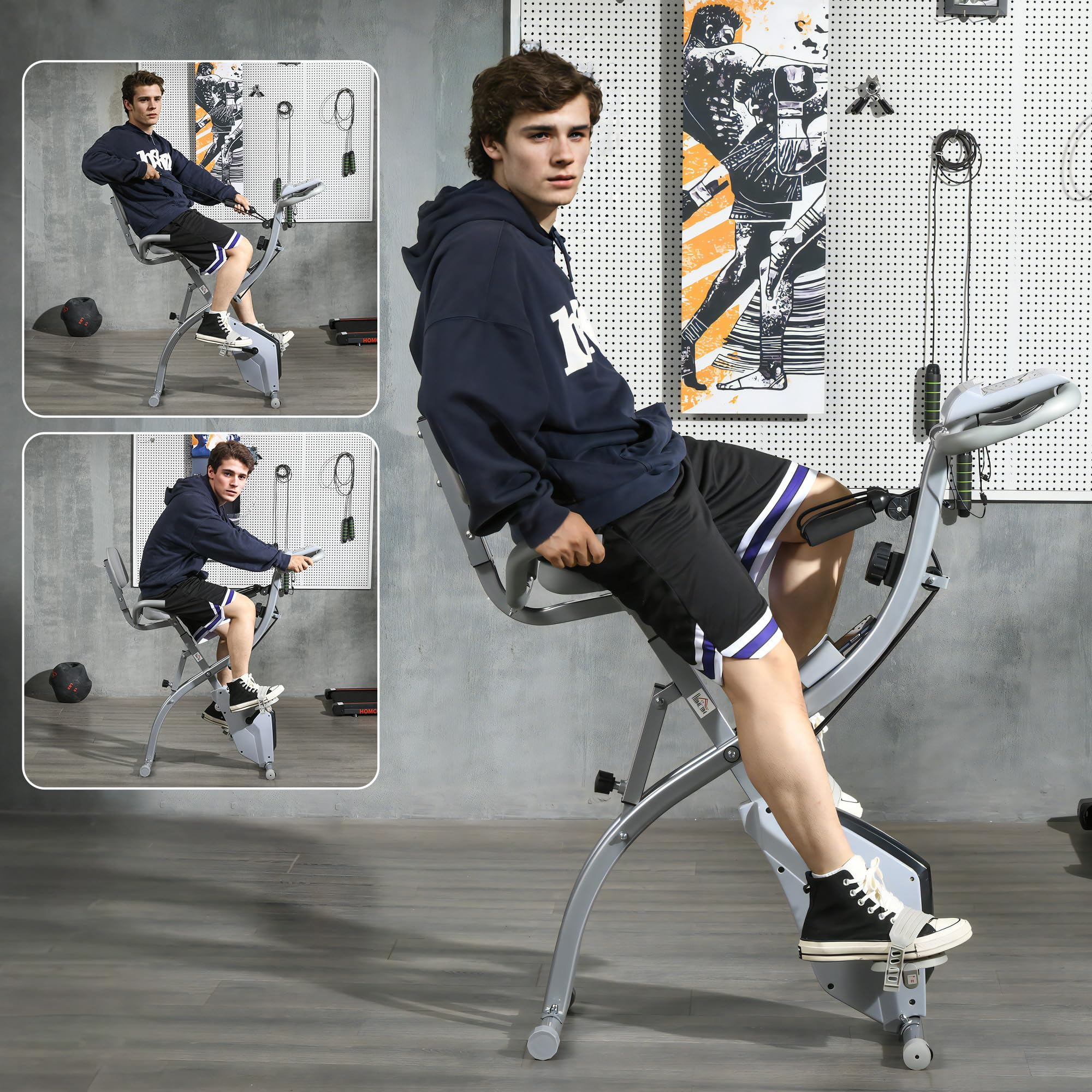 HOMCOM Cyclette pieghevole 4-in-1 magnetica ergometro LCD Grigio | Silenzioso, fasce di resistenza, palestra domestica, allenamento cardio, ruote, sedile comodo, Max 120 kg