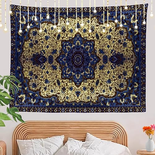 Miniatura 2 de Shrahala Tapiz redondo con diseño de mandala azul, gris, persa marroquí, para colgar en la pared, tapiz psicodélico grande para dormitorio, sala de