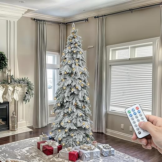 Flocked Drooping Pencil Spruce Artificial Christmas Tree with Pine Cone