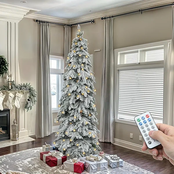 YITAHOME Pre-Lit Flocked Drooping Pencil Spruce Christmas Tree with Pine Cone, 7.5ft Natural Layered Spruce Christmas Tree w/Remote Control, 800 Branch Tips and 350 Lights for Home, Office D