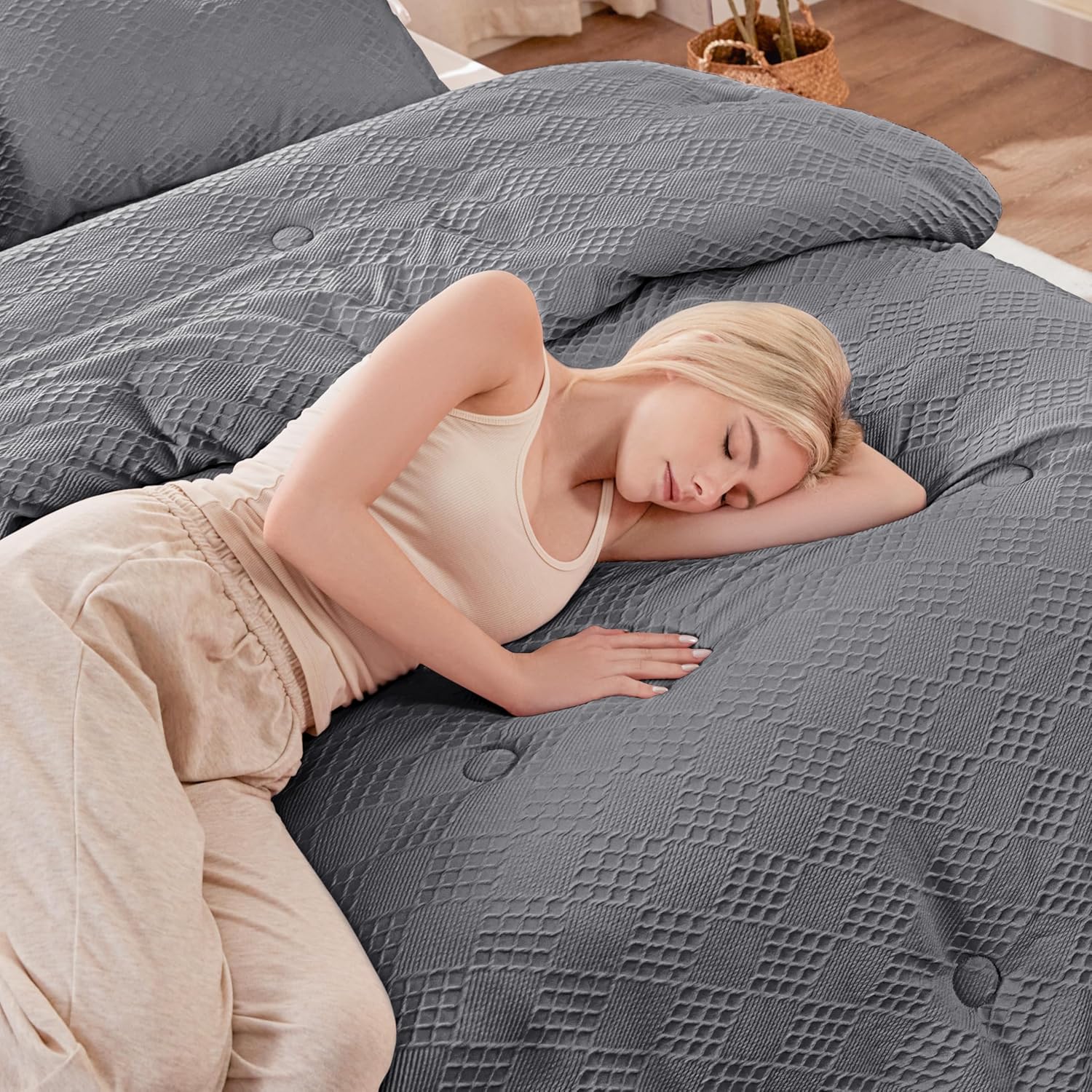 EXQ Home Waffle Comforter Twin Size - Super Soft Embossed Design Comforter Set 2 Pieces, Grey 3D Diamond Pattern Bedding Set,Winter Warm Bed Set,1 Comforter with 1 Pillowcases - Image 7