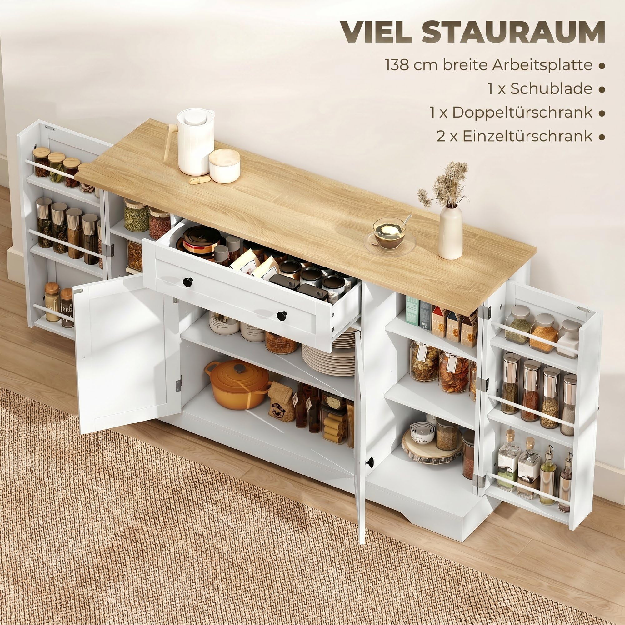 HOMCOM Sideboard Küchenschrank mit 4 Türen Schublade 138x40x85 cm Weiß