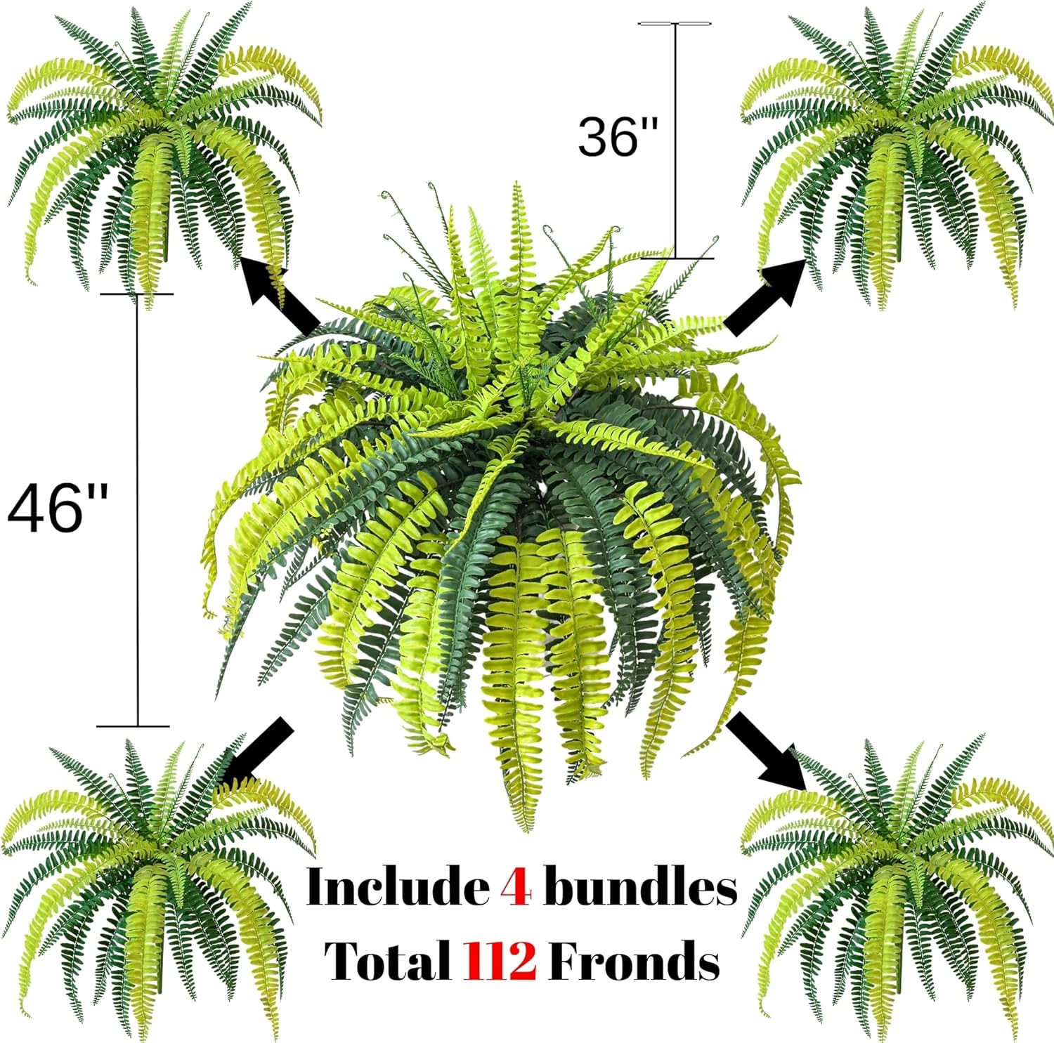 Muhanjia Polyester Artificial Boston Fern Bush,Set of 4,Fake Fern Hanging Plants UV Resistant that Look Real for Outdoors and Home Decor. (36" 4Pcs-Yellow Green)
