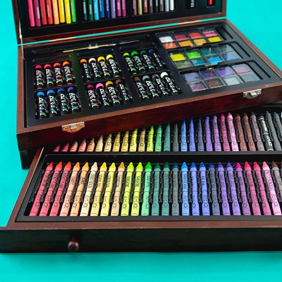 Art 101 Doodle and Color 142 Pc Art Set in a Wood Carrying Case: Includes 24 Premium Colored Pencils, A variety of coloring and painting mediums: crayons, oil pastels, watercolors; Portable Art Studio