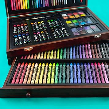 Art 101 Doodle and Color 142 Pc Art Set in a Wood Carrying Case: Includes 24 Premium Colored Pencils, A variety of coloring and painting mediums: crayons, oil pastels, watercolors; Portable Art Studio
