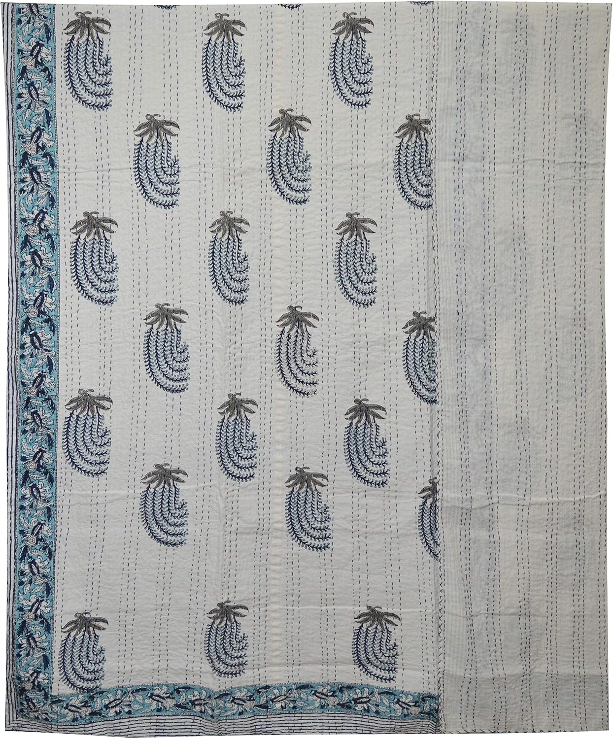 Indian Handmade Hand Block Print Twin Cotton Kantha Quilt Throw Blanket Bespread 90x60 Inch