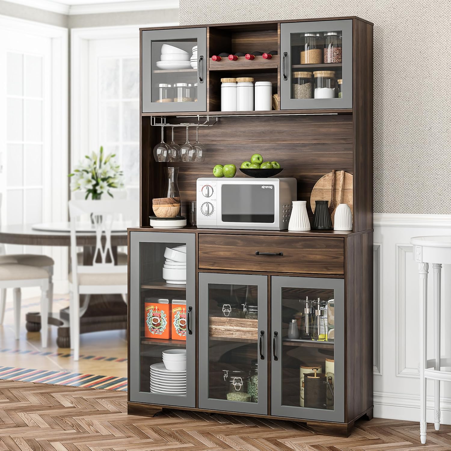 Coffee Bar Cabinet, 71" Tall Liquor Wine Cabinet with Power Outlet & LED Lights, Glass Doors, Kitchen Pantry Cabinet with Storage Hutch, Adjustable Shelves, Drawer & Wine Rack for Dining Room