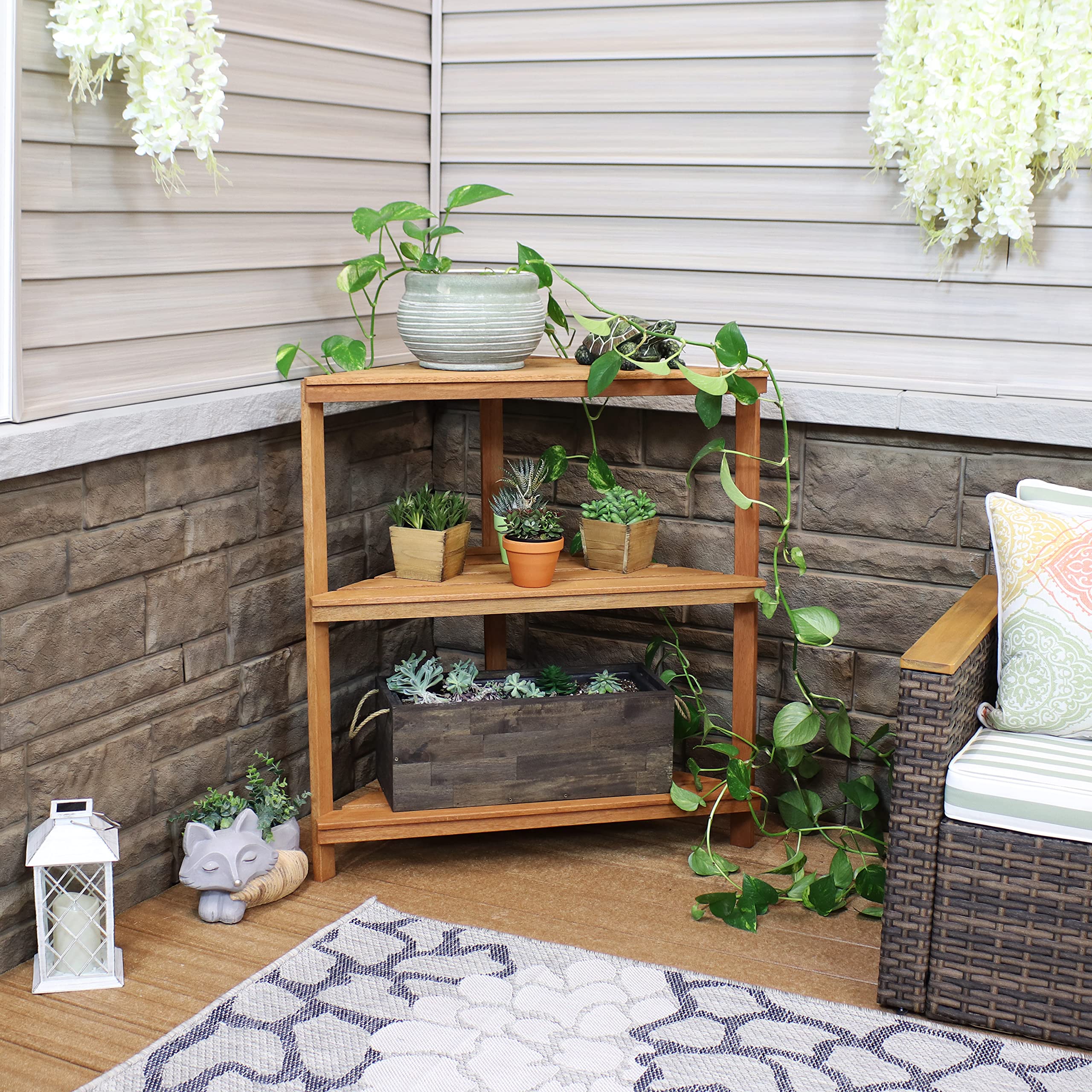 Sunnydaze Meranti Wood 3-Tier Corner Plant Stand Shelves with Teak