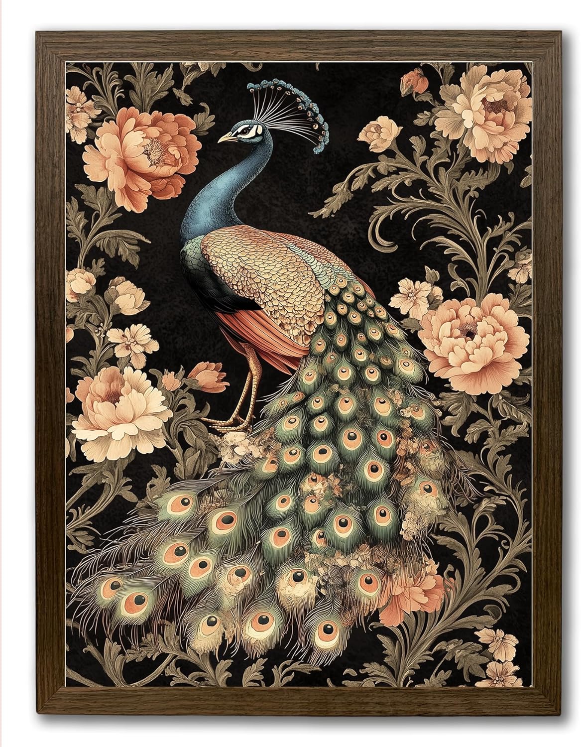 CXVU William Morris Animal Wall Art Prints with Natural Dark Walnut Frame, Vintage Botanical Peacock Floral Wall Art Prints Peacock Pictures Decor Artwork for Living Room 12"x16"