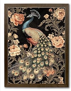 CXVU William Morris Animal Wall Art Prints with Natural Dark Walnut Frame, Vintage Botanical Peacock Floral Wall Art Prints Peacock Pictures Decor Artwork for Living Room 12"x16"