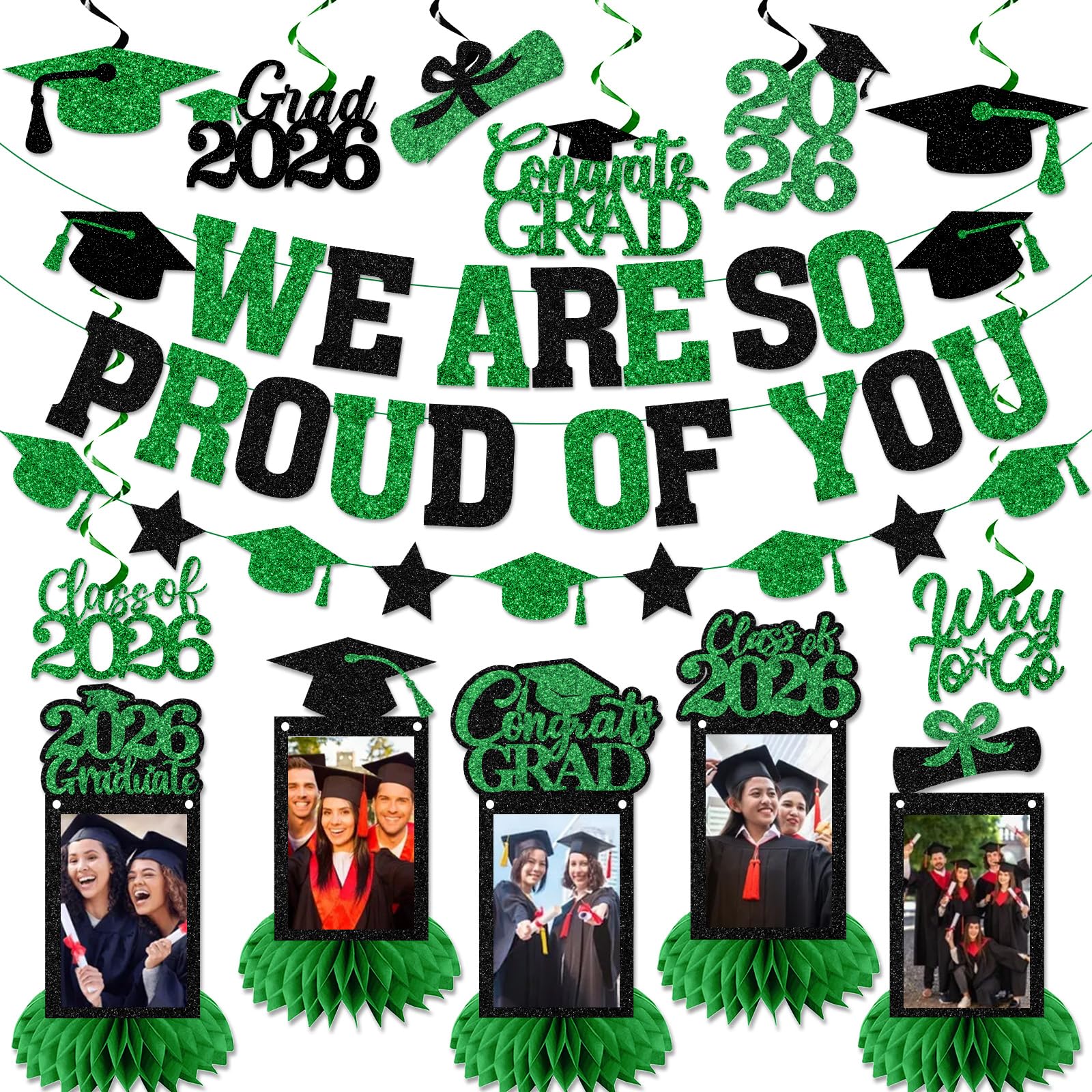 Graduation Decorations 2026 - Green Congrats Grad Party Supplies Include Glitter We are So Proud of You Banner, Hanging Swirls and Honeycomb