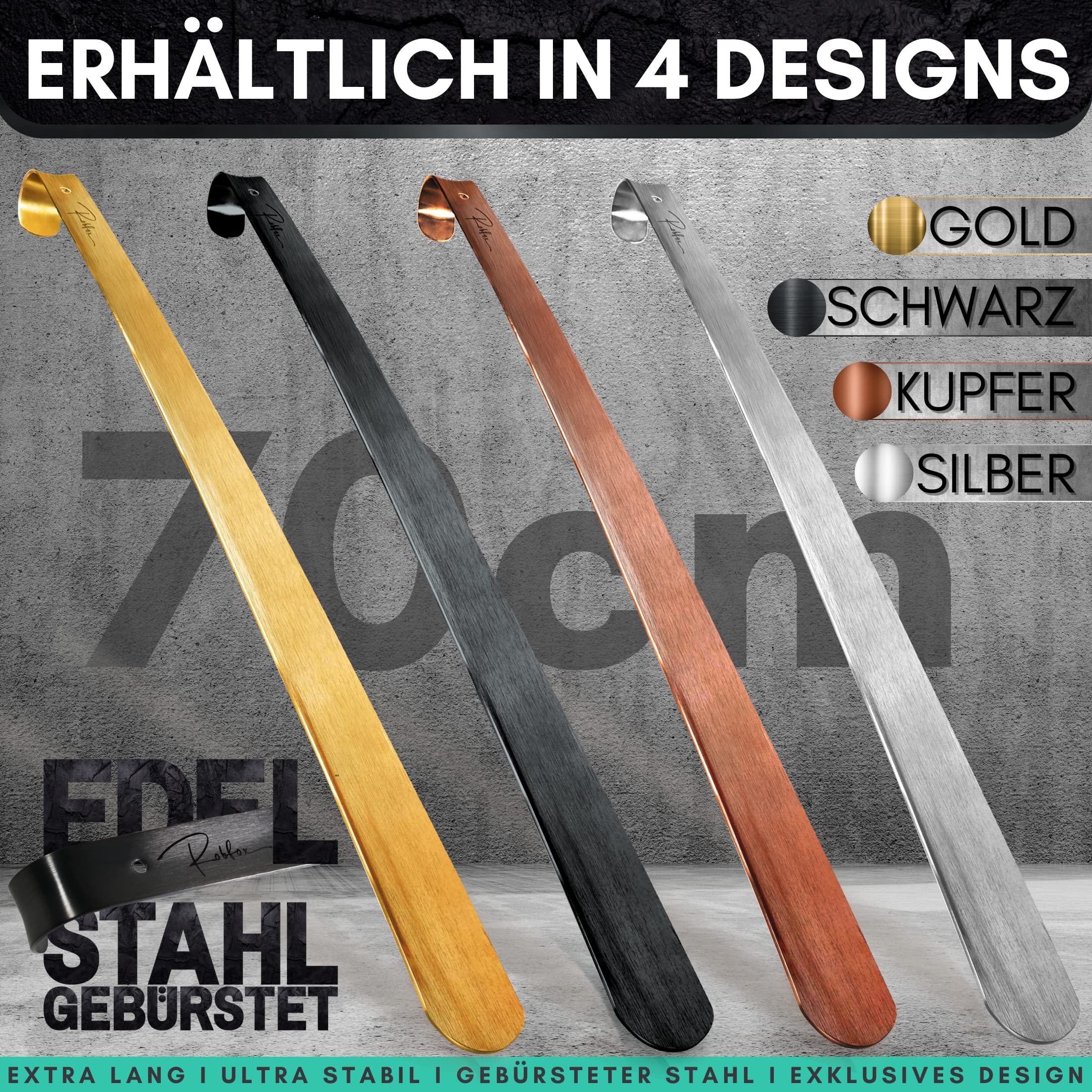 Robfox 70cm Schuhlöffel I extra stabiler Schuhanzieher aus gebürstetem Stahl I lange Schuhanziehhilfe I Rückenschonender Schuh Löffel in Premium Qualität (Schwarz)