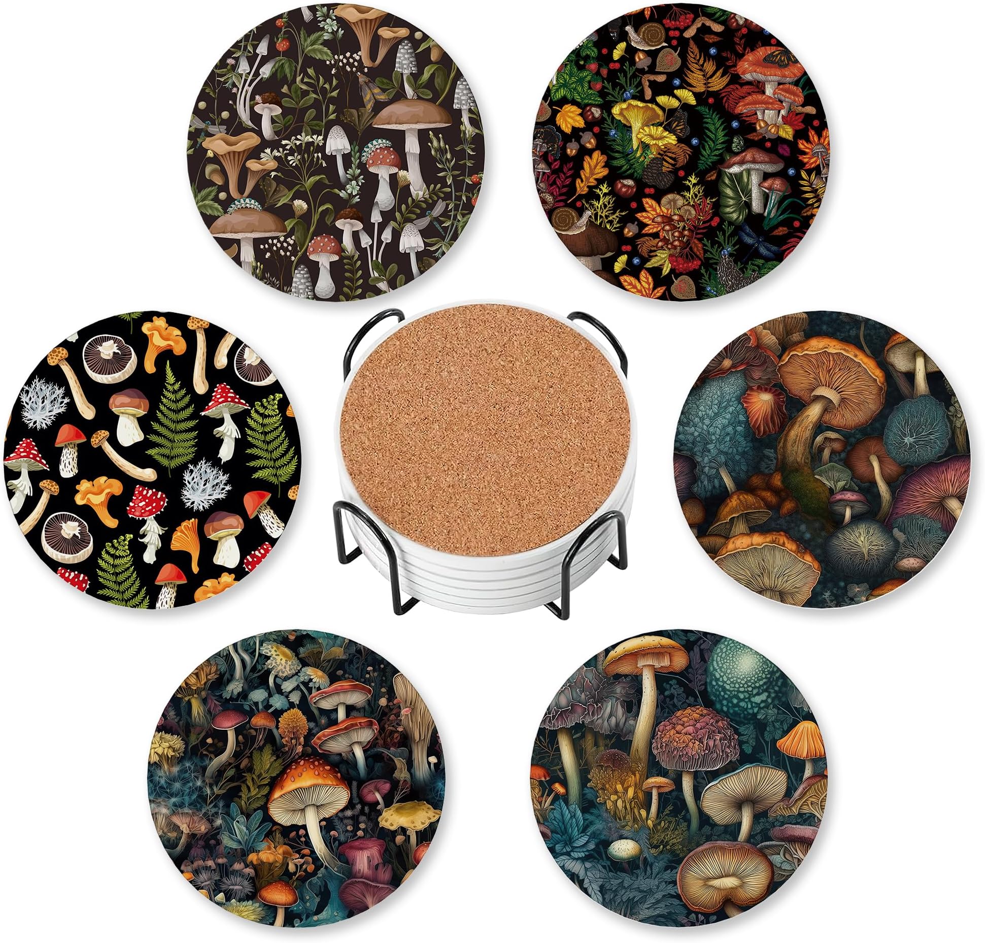 Mushrooms Coasters for Drinks Absorbent with Holder,Spring Leaves Sets of 6 Durable Cup Coaster for Coffee Table Protection,Great Housewarming Birthday Gifts,Home Decor