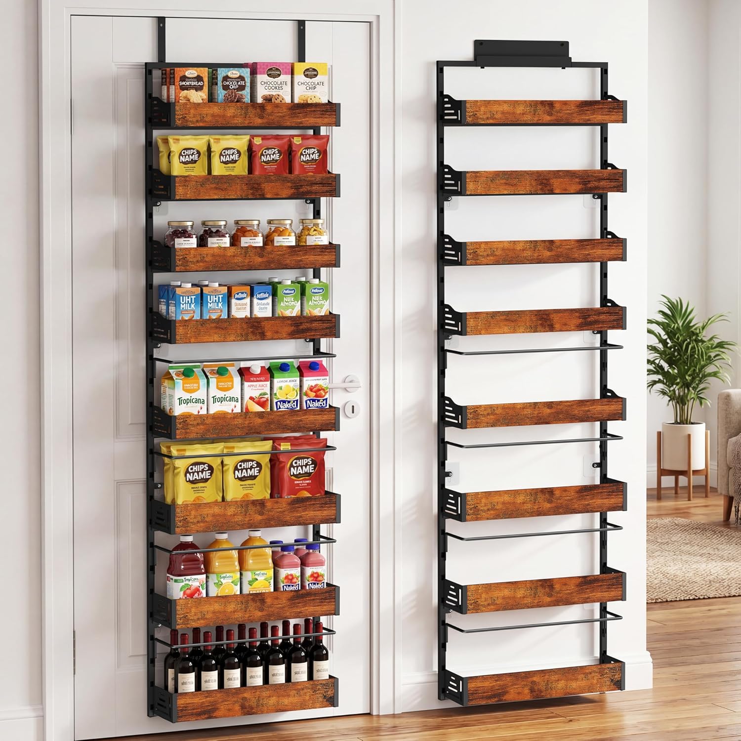 Over The Door Pantry Organizer, 8 Tier Spice Rack with Adjustable Wooden Basket, 2 IN 1 Wall Mount or Hanging Seasoning Organizer, Heavy-Duty Pantry Door Storage Shelf for Kitchen, Laundry Room
