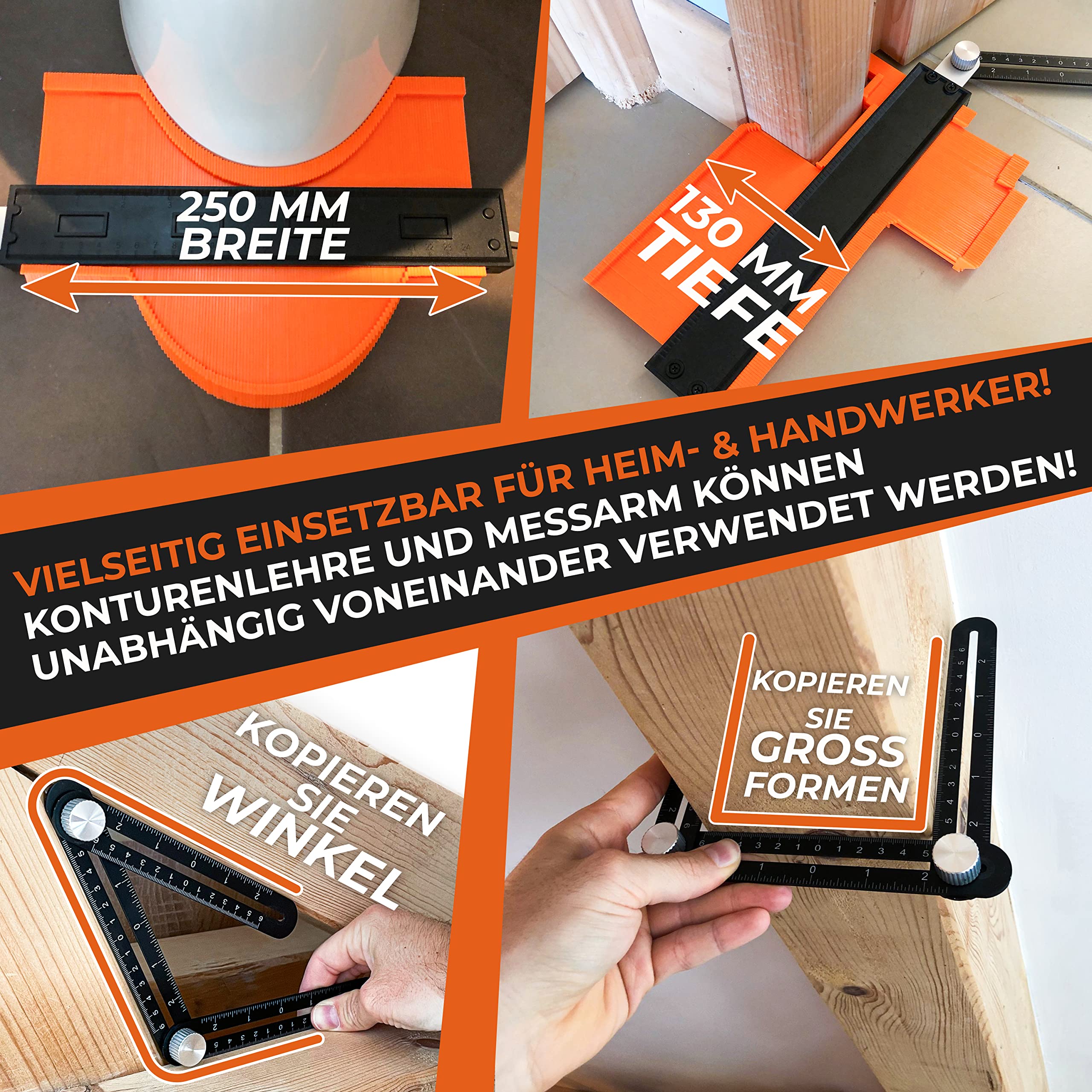 THORVALD Werkzeug Konturenlehre mit Feststeller & Winkelschablone - 25cm Konturlehre Konturen Schablone für Fliesen, Parkett, Laminat - Inkl. Tieflochmarker + Anleitung - Konturenabnehmer mit Schloss