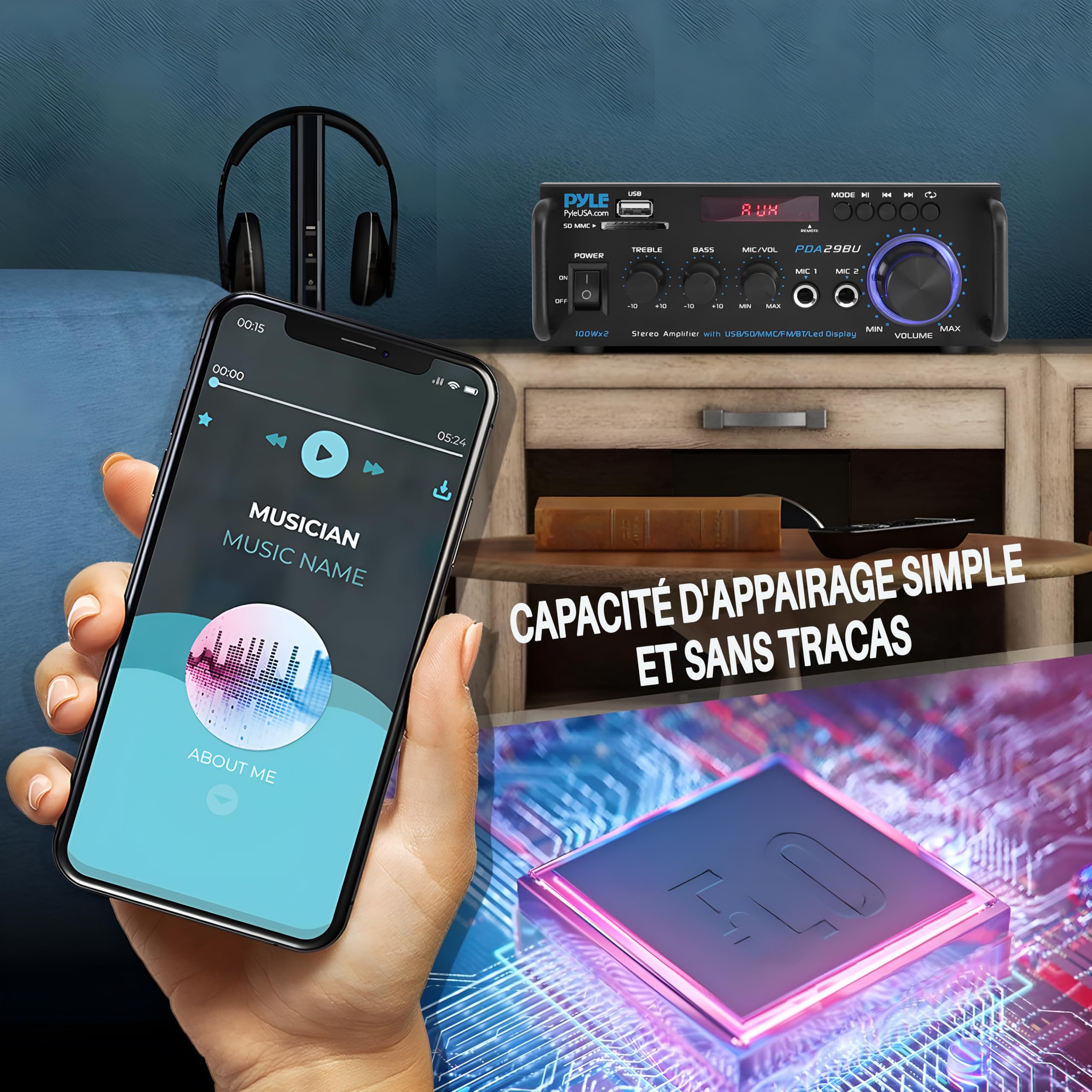 Pyle Amplificateur Audio Stéréo sans Fil Bluetooth - Système Récepteur Stéréo Audio à Deux Canaux de 200W avec RCA, USB, SD, Entrée Micro, Radio FM, pour Home Cinema Via RCA, Utilisation en Studio