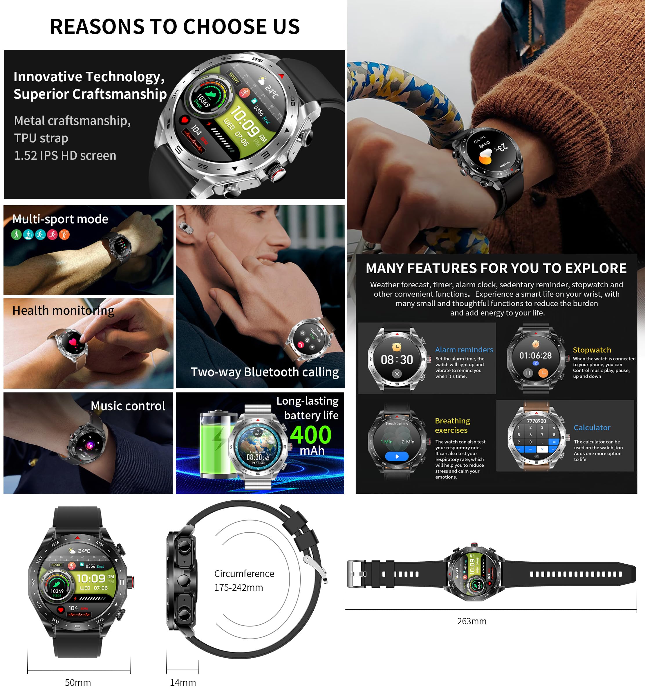 Smartwatch mit Bluetooth Kopfhörer 2 in 1, 1,52" Bildschirm Outdoor Sportuhr mit Telefonfunktion, Schrittzähler Herzfrequenz/Schlafüberwachung/Blutdruckmessung Smartwatch für Android iOS