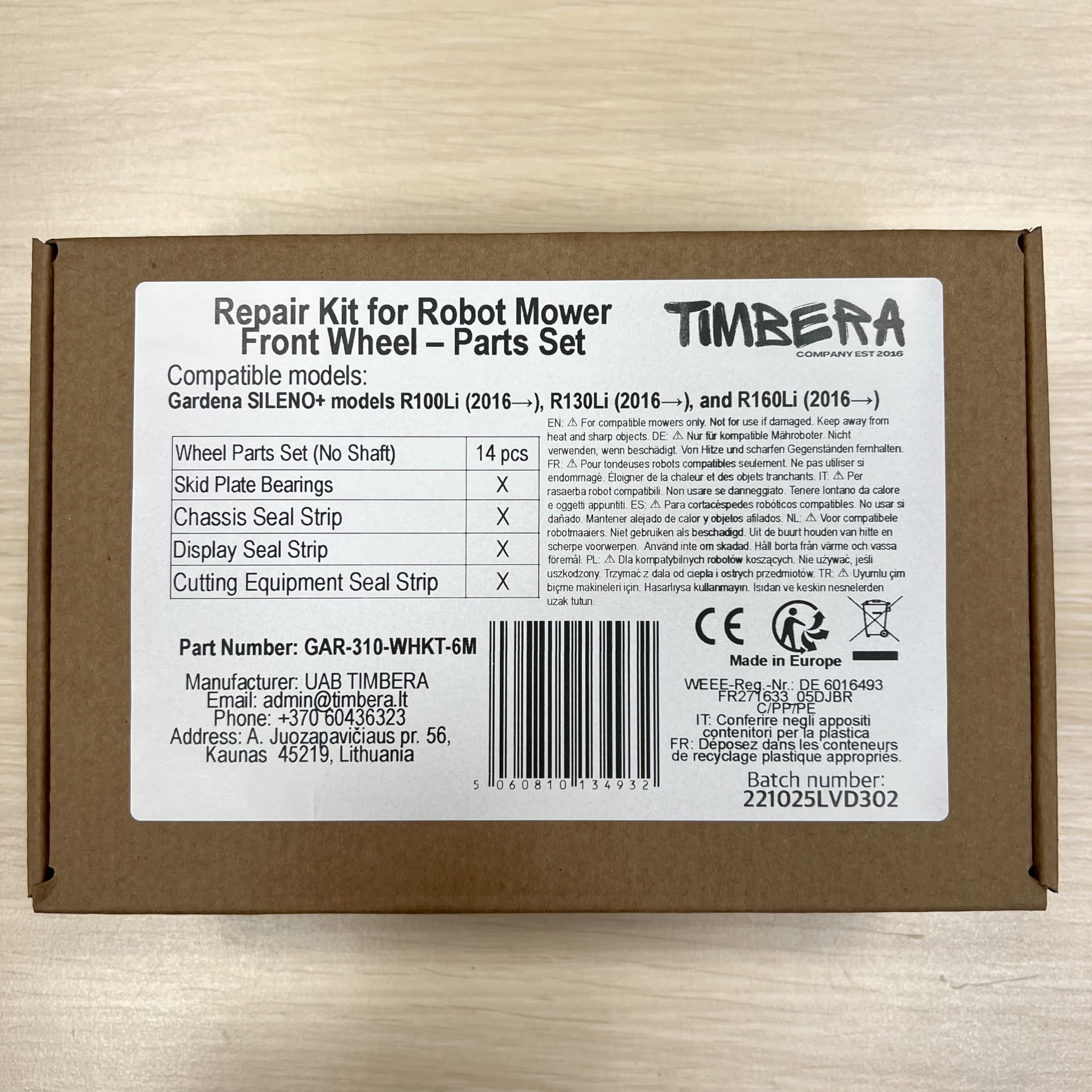 TIMBERA Kit di Riparazione Compatibile con Gardena SILENO+: Ruota Anteriore Senza Asse con Cuscinetti, Guarnizioni, Battistrada, Mozzo e Copertura - Modelli R100Li R130Li R160Li Tosaerba Robot