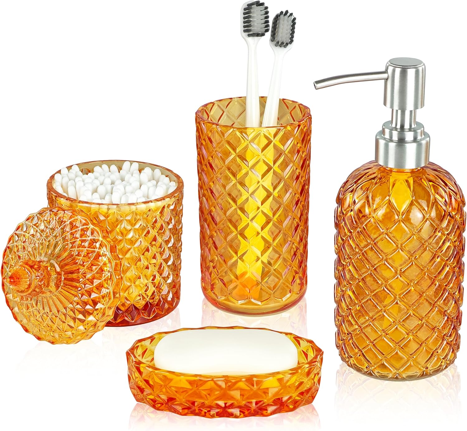 LaMarriti Blue Bathroom Accessories Set, 4Pcs Clear Glass Bathroom Accessory Set, Lotion Soap Dispenser, Toothbrush Holder Set, Soap Dish, Qtip Holder for Vintage Crystal Bath Decor, Light Blue