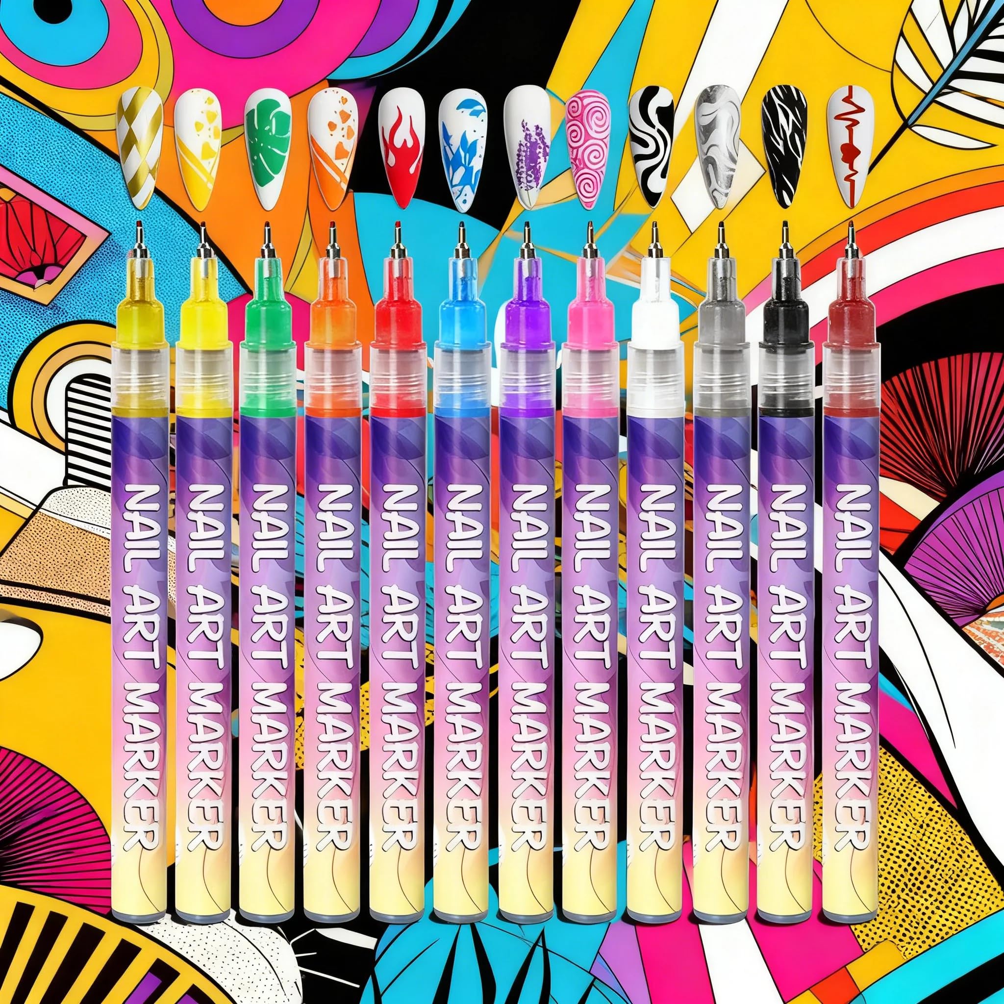 Stylo 3D Nail Art Professionnel - Kit de 12 Feutres Vernis à Ongles avec Pointe Métallique Fine 0.5mm, pour deco ongle nail art, Graffiti (12 Couleurs)