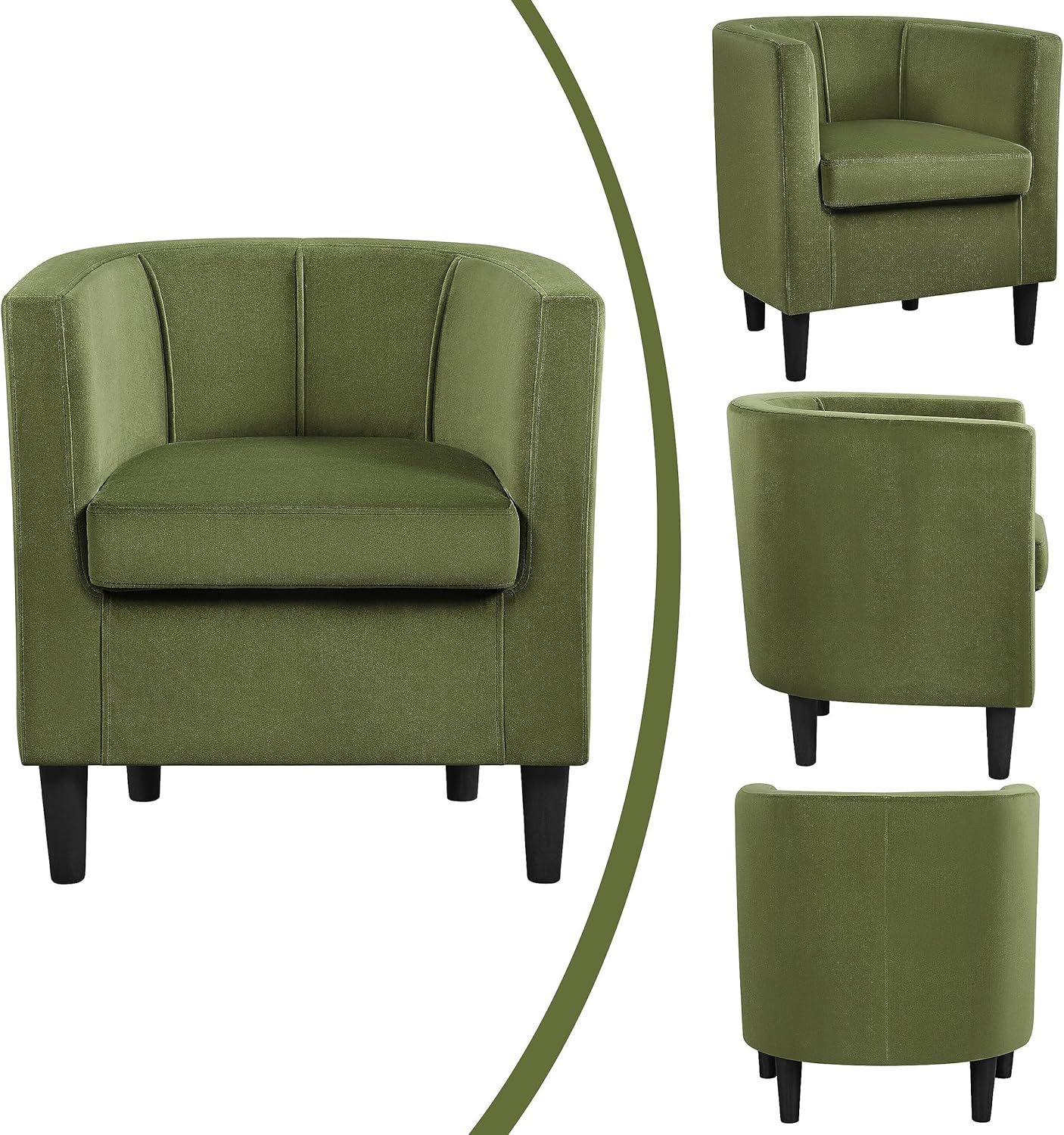 Topeakmart Olive Green Velvet Barrel-Shaped Club Chair, Comfortable Reading & Relaxing, Modern Style, Curved Back, 26" D x 27" W x 28" H