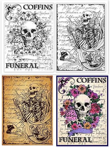 INFUNLY Sellos transparentes de esqueleto para hacer tarjetas, fondo de calavera, sellos transparentes para diario, sellos de goma de flores,