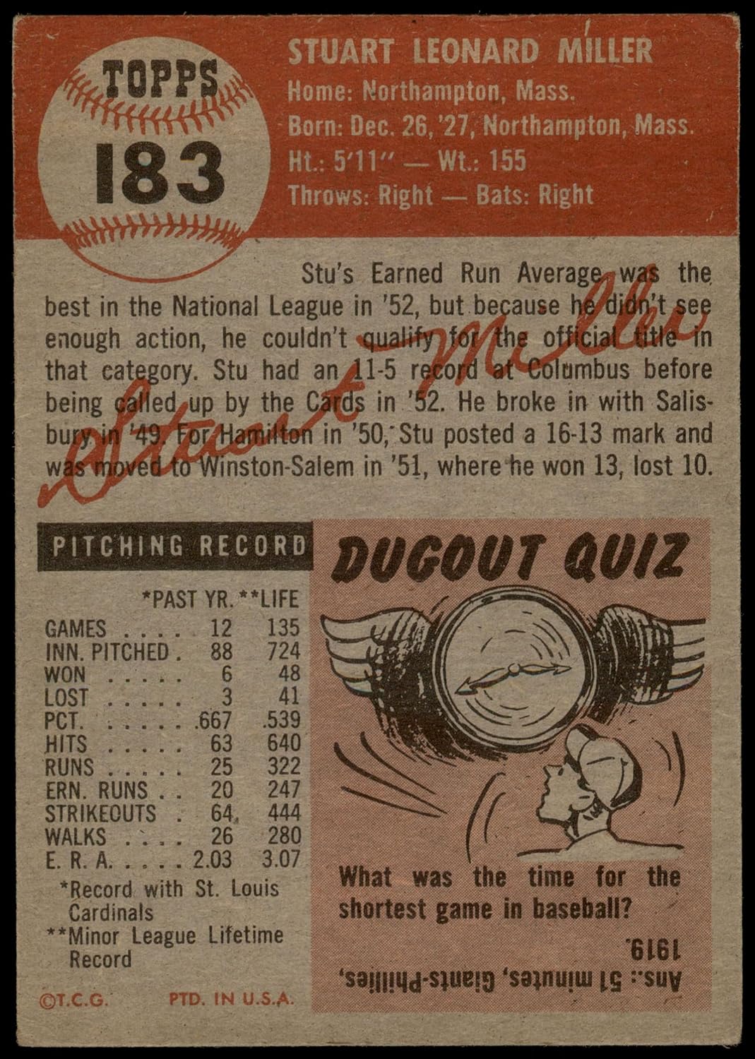 1953 Topps #183 Stu Miller St. Louis Cardinals (Baseball Card) EX Cardinals