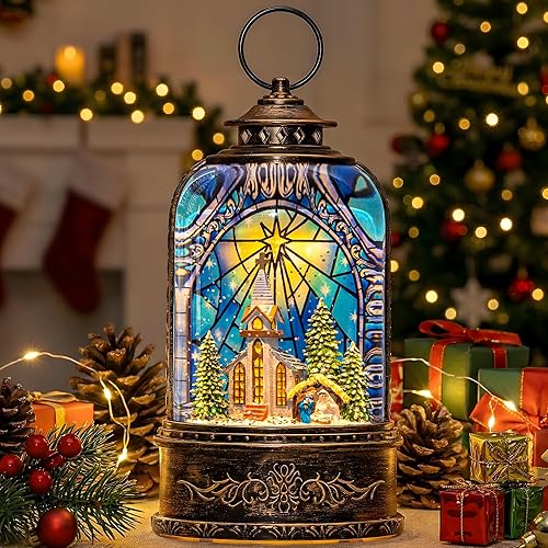 Linterna musical de globo de nieve iluminada para iglesia con belén, linterna de agua con purpurina giratoria, decoración del hogar y regalo,