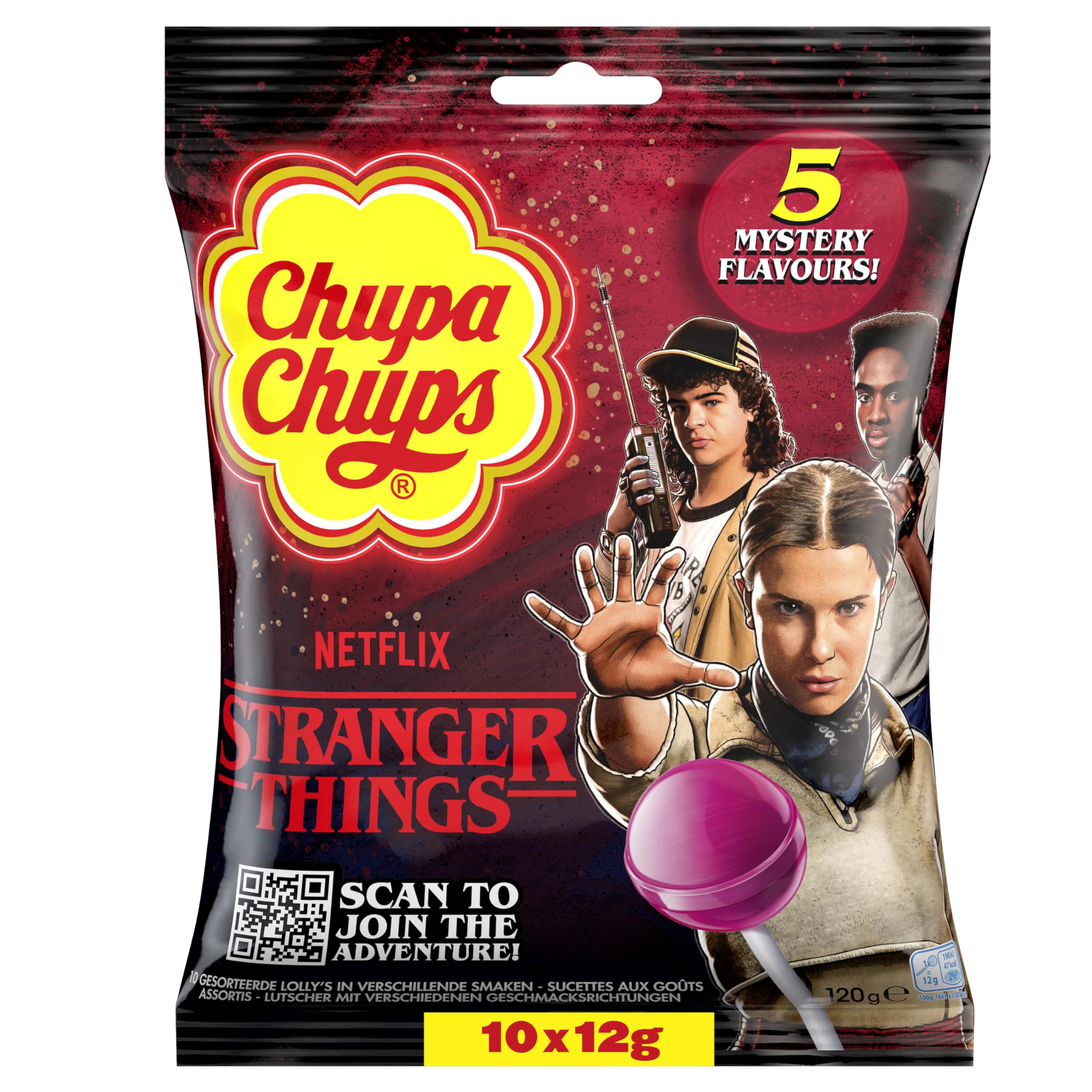 Chupa Chups Stranger Things The Right Side Up Lutscher, 10 Lollies im Beutel in 5 Sorten, limitierte Edition, als Geschenk oder für Partys, 10 x 12g