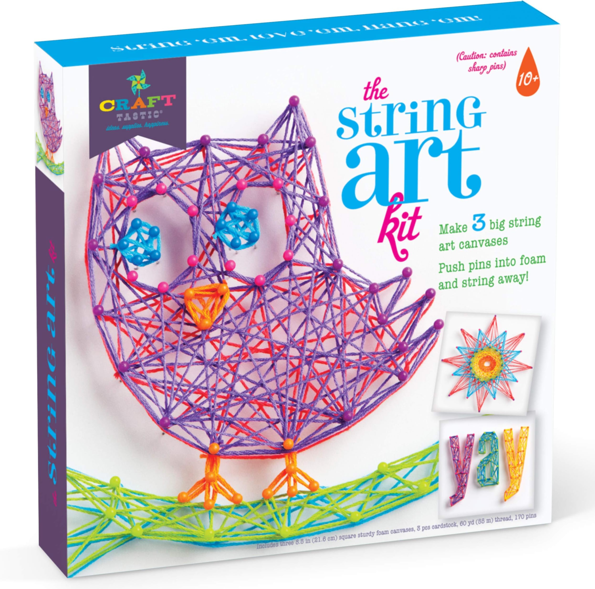 Craft-tastic String Art Kit Lv, Craft Kit Makes 3 Large String Art Canvases, Multicolor