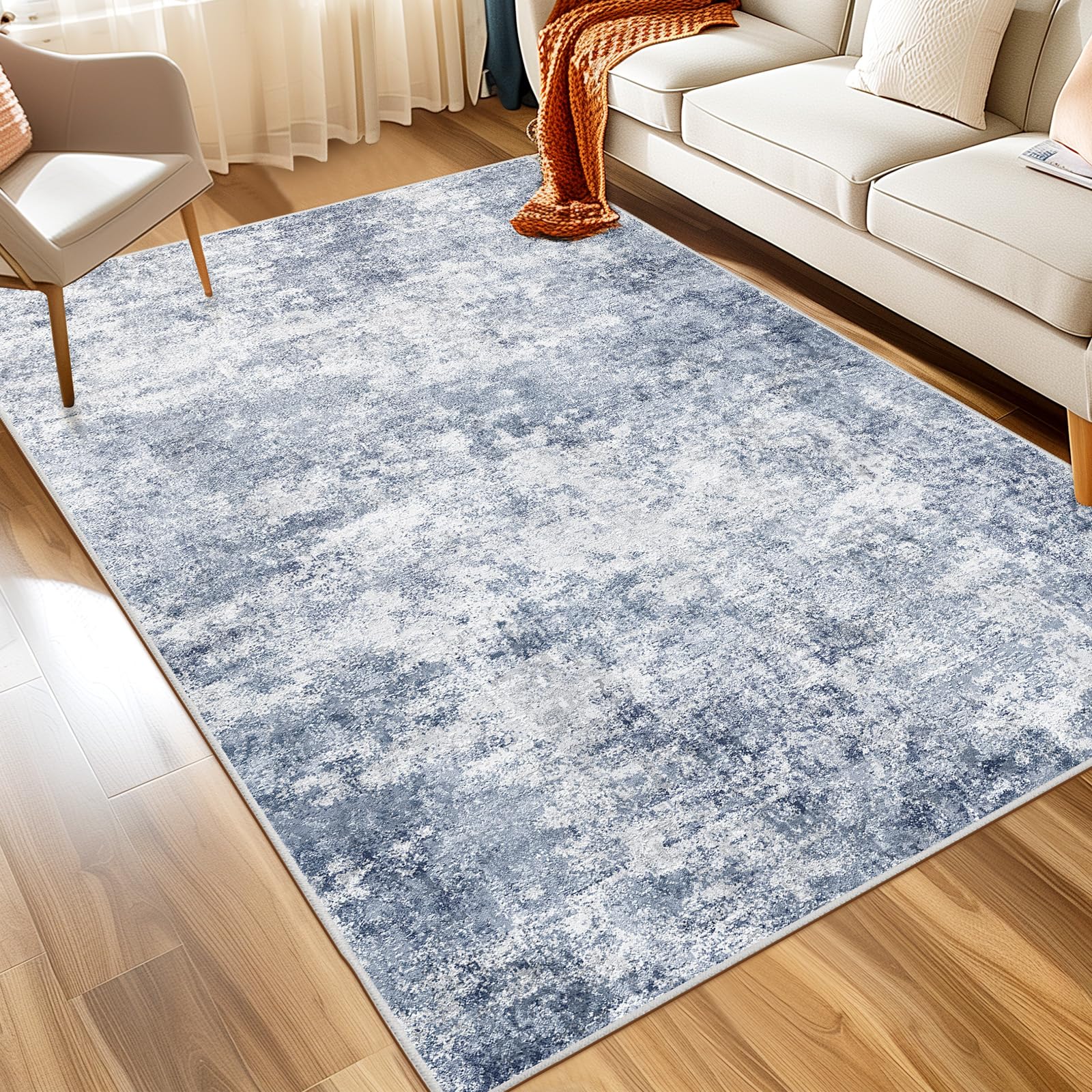 WITSHOCK 6x9 Area Rugs for Living Room : Machine Washable Non Slip - Low Pile Modern Abstract Carpet for Bedroom Kids Room Dining Room - Stain Resistant for Household - Pet Owners (Blue)