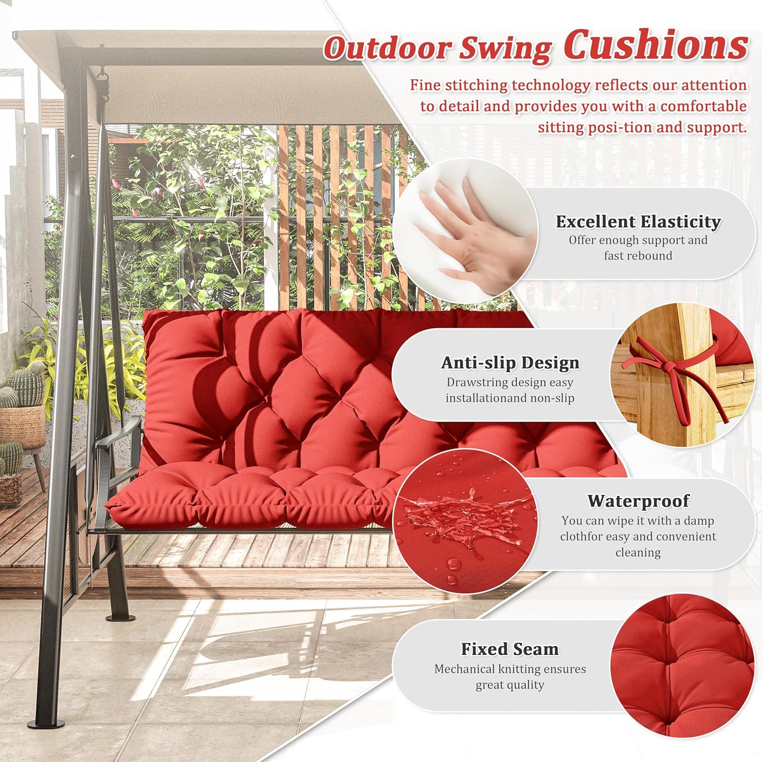 Porch Swing Cushion with Backrest 2-3 Seater Outdoor Bench Cushions Waterproof & Fade Resistant Thickened 5 Inch Swing Replacement Cushion Ties for Patio, Garden & Backyard（60''×40''×5''）