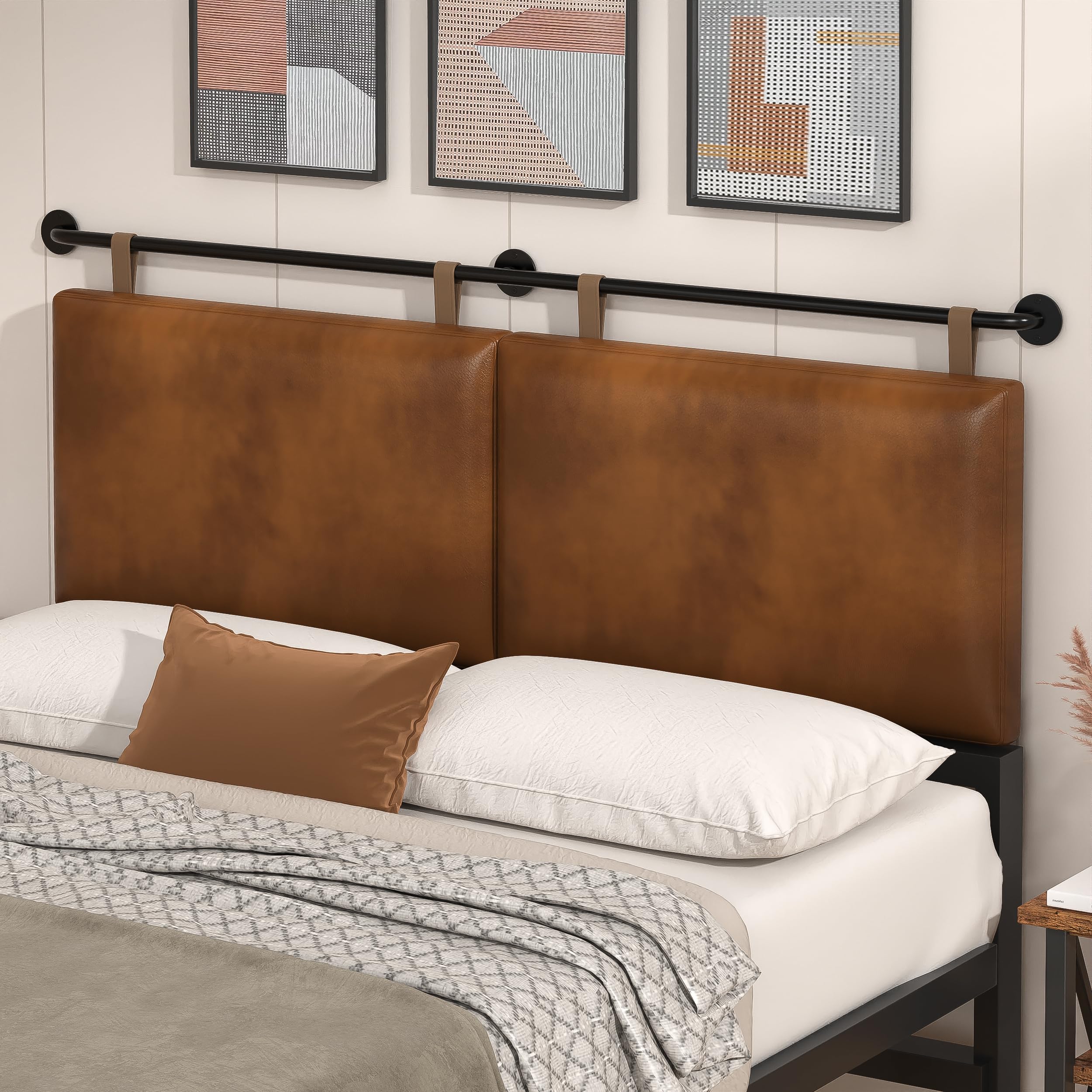 BSHOMGI Queen Headboard, Hanging Headboards with Brown Faux Leather Industrial Pipe Modern Style Only for Bed Backboard (Brown Leather, Queen)