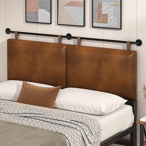 Queen Headboard, Hanging Headboards with Brown Faux Leather Industrial Pipe