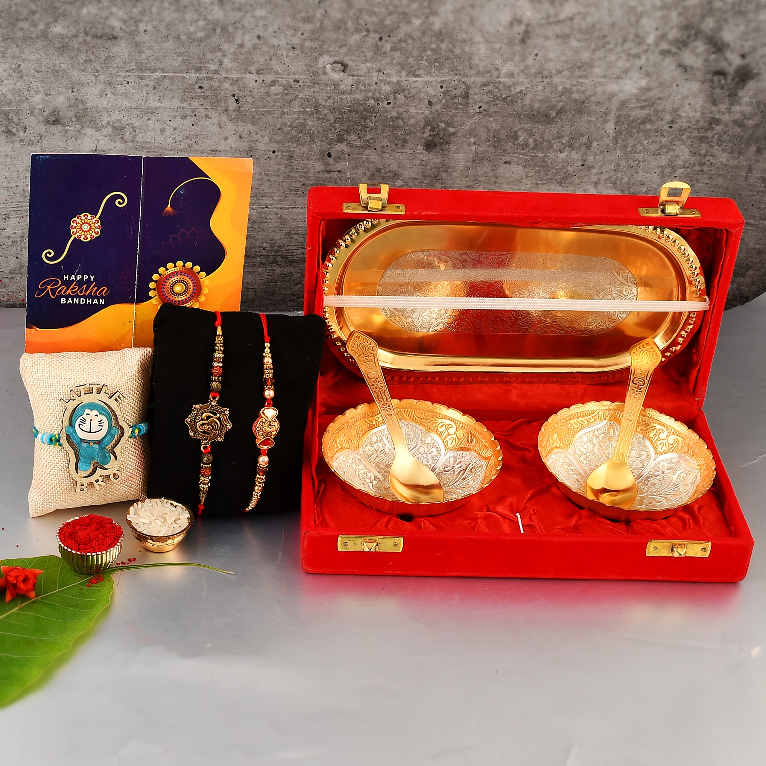 Great Art Rakhi & Gift Set for Brother - Rakhi with Brass Bowl with Velvet Box Set of-5 | Wishes Card and Roli Chawal -GA-02-864-image-42