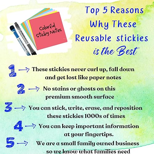 Miniatura 2 de Notas adhesivas reutilizables de borrado en seco, paquete de 6 notas multicolor de 4 x 4 pulgadas, calcomanías pequeñas de borrado en seco, 2