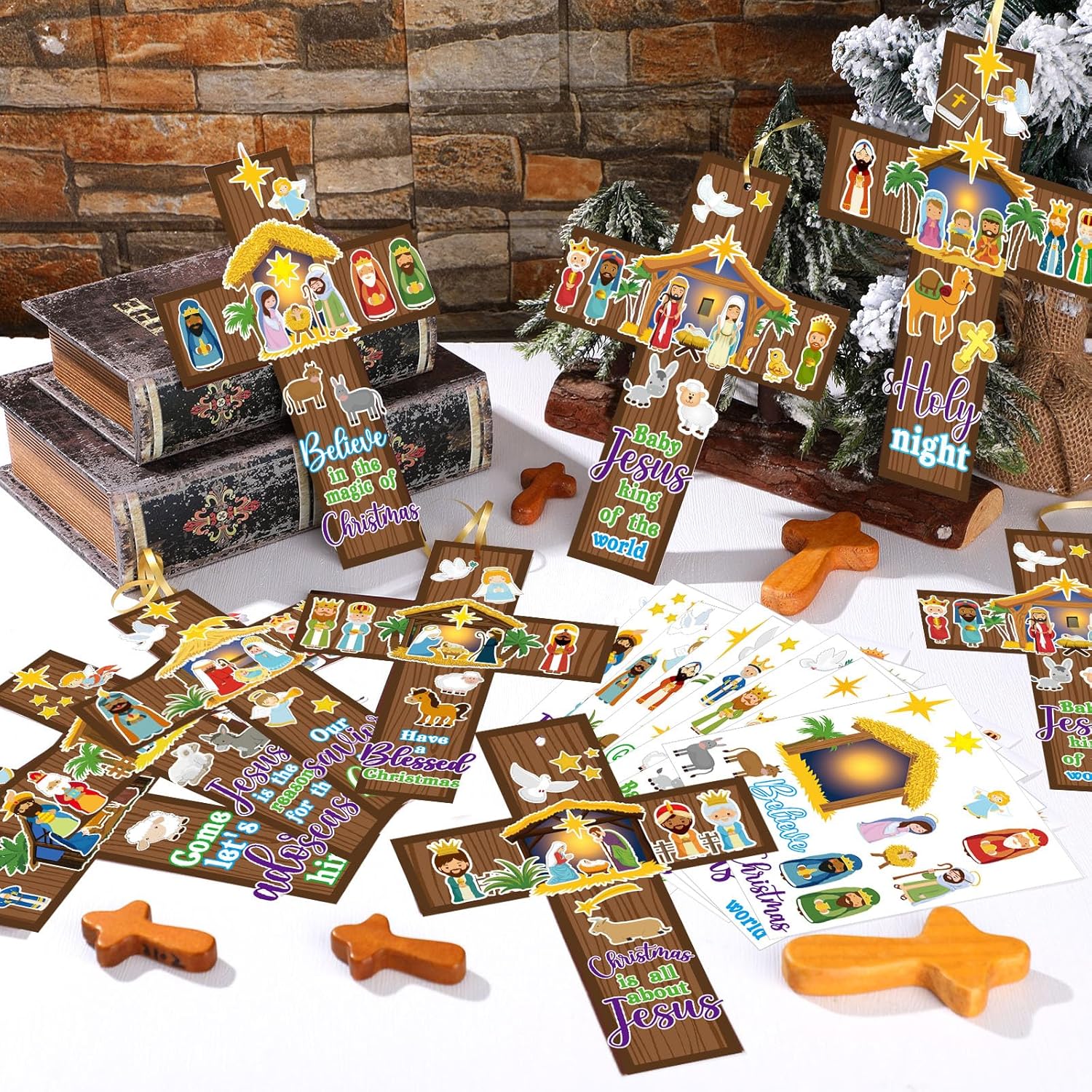 Watersay 48 Set Christmas Nativity Crafts Religious Nativity Scene Cross Kit Christian DIY Paper Crafts Make Your Own Hanging Ornament for Sunday School VBS Church Classroom Activities